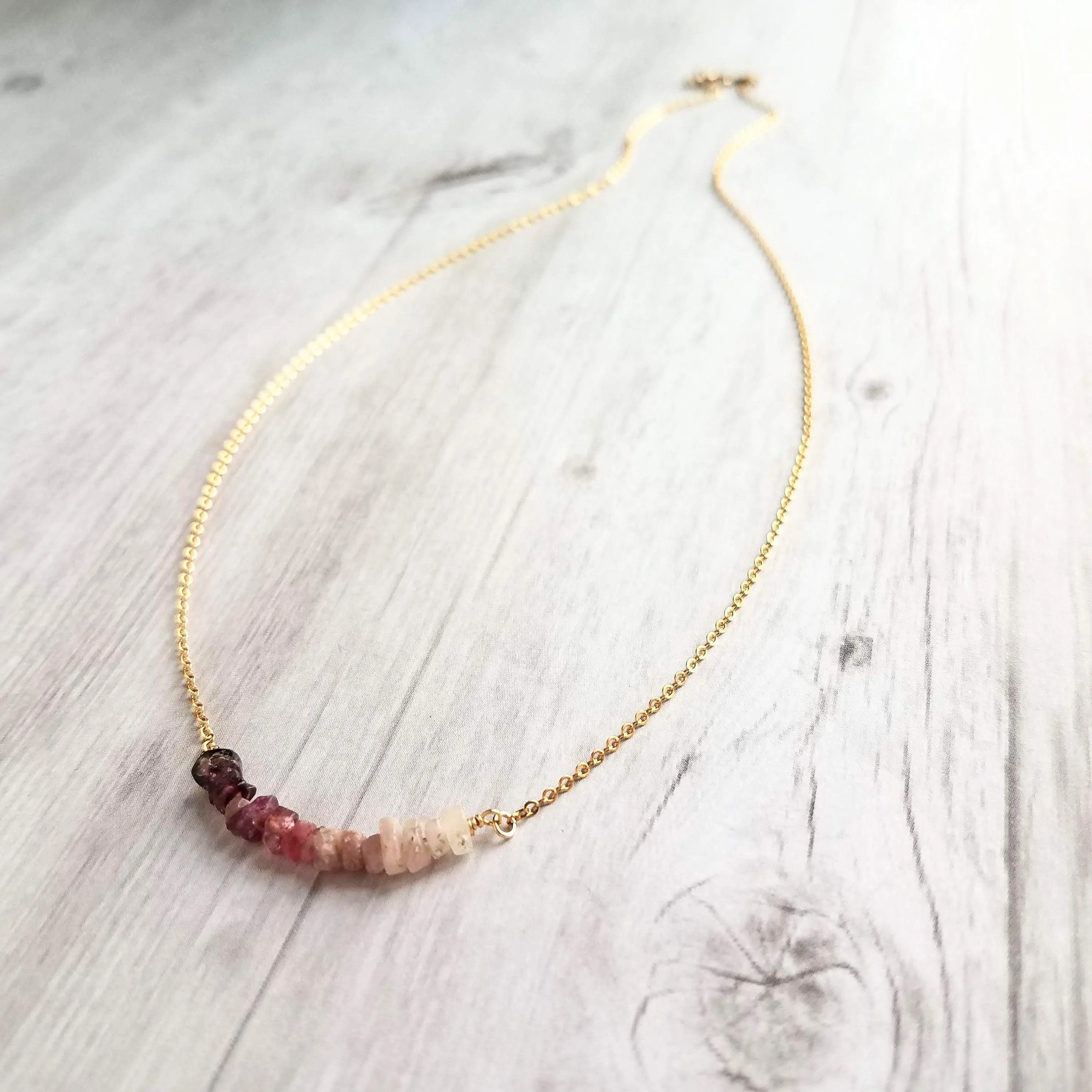 Pink Tourmaline Necklace, 14K gold fill chain, pink stone chips, gemstone chunk necklace, pink gemstone necklace, small stones, tiny stones