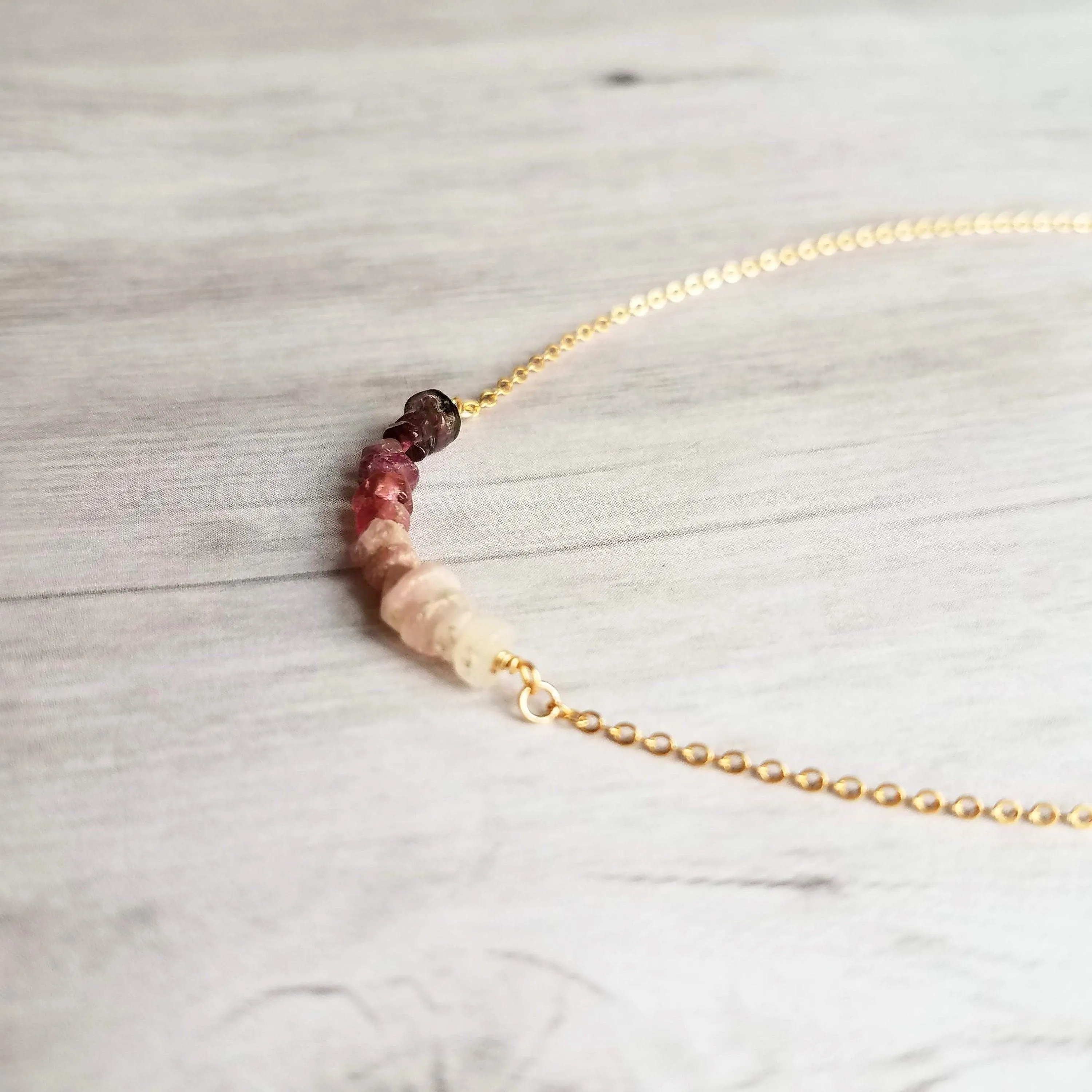 Pink Tourmaline Necklace, 14K gold fill chain, pink stone chips, gemstone chunk necklace, pink gemstone necklace, small stones, tiny stones