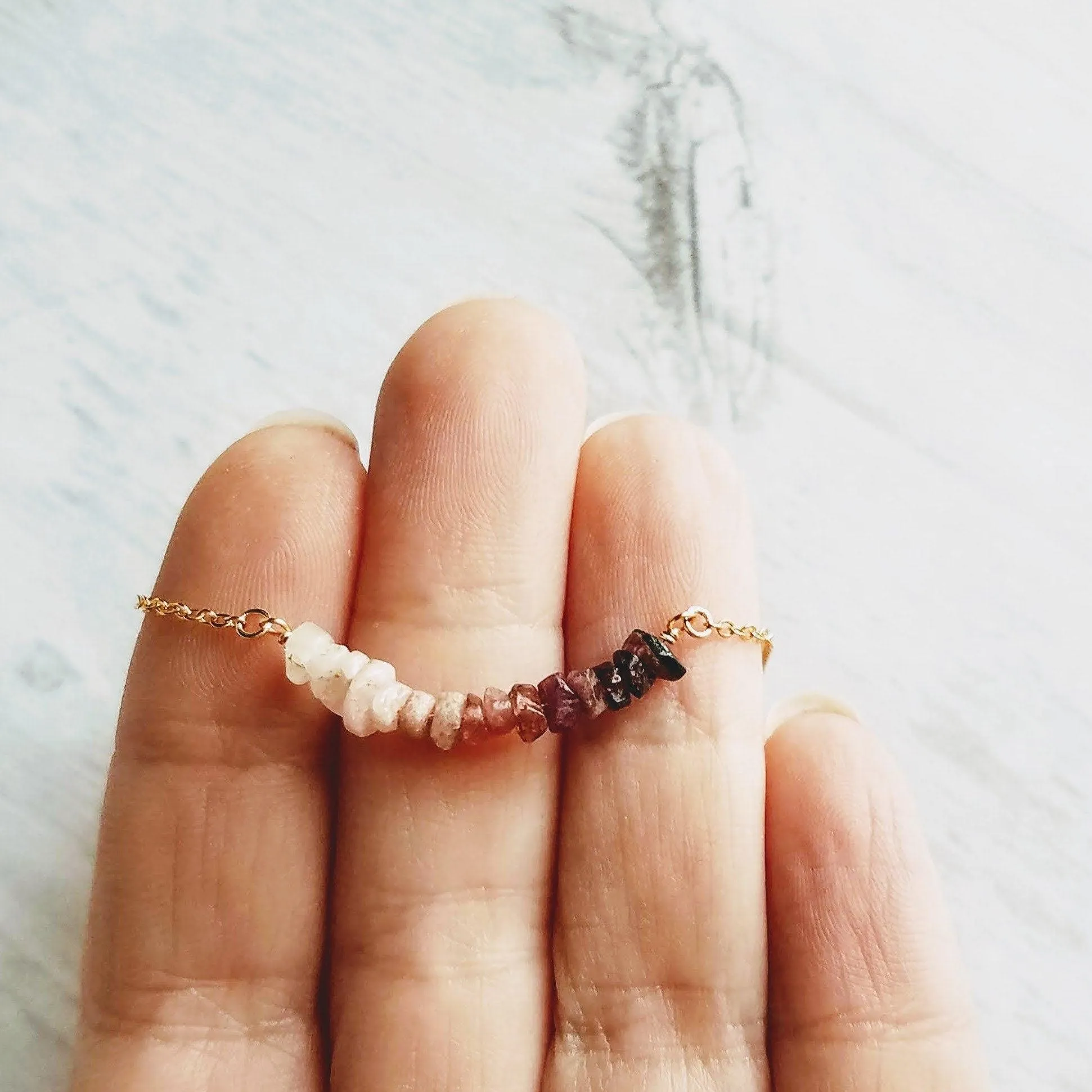 Pink Tourmaline Necklace, 14K gold fill chain, pink stone chips, gemstone chunk necklace, pink gemstone necklace, small stones, tiny stones