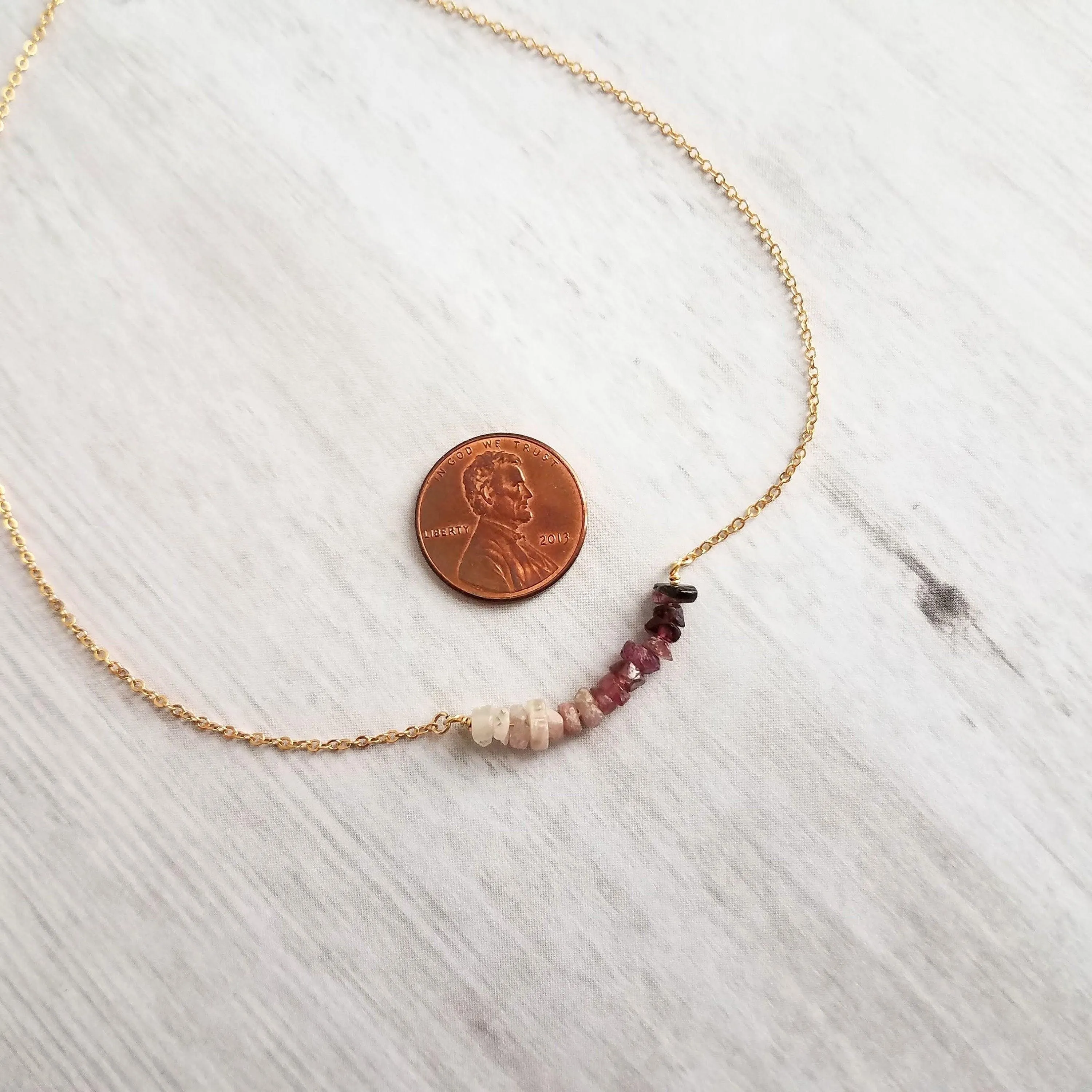 Pink Tourmaline Necklace, 14K gold fill chain, pink stone chips, gemstone chunk necklace, pink gemstone necklace, small stones, tiny stones