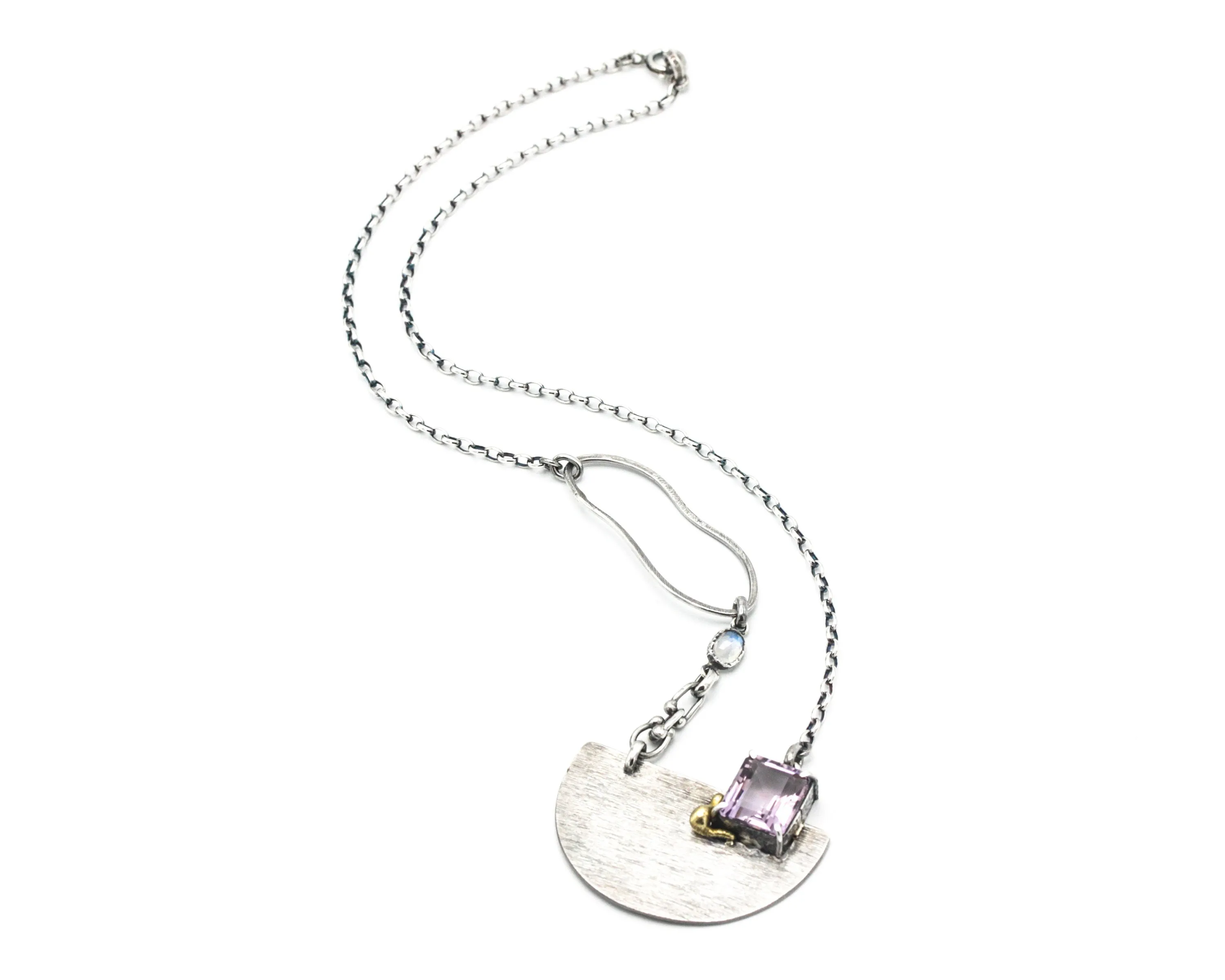 Princess cut amethyst pendant necklace in silver bezel and prongs setting with silver semi-circle shape on sterling silver chain