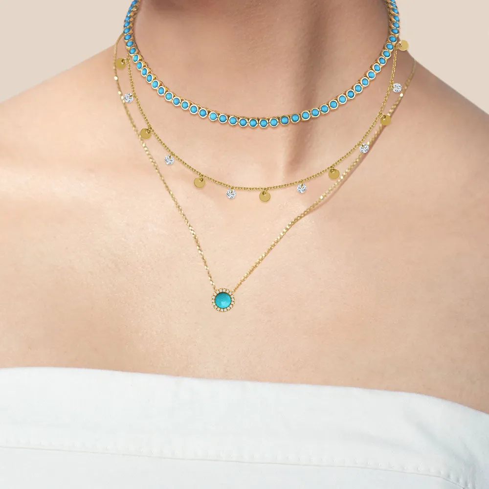 "Milestone" Round Cut Bezel Set Turquoise Tennis Necklace - Gold