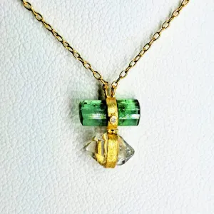 "Perfect Balance" Pendant Necklace - Tourmaline, Herkimer Diamond, Diamond, Black Sterling, 18k Gold