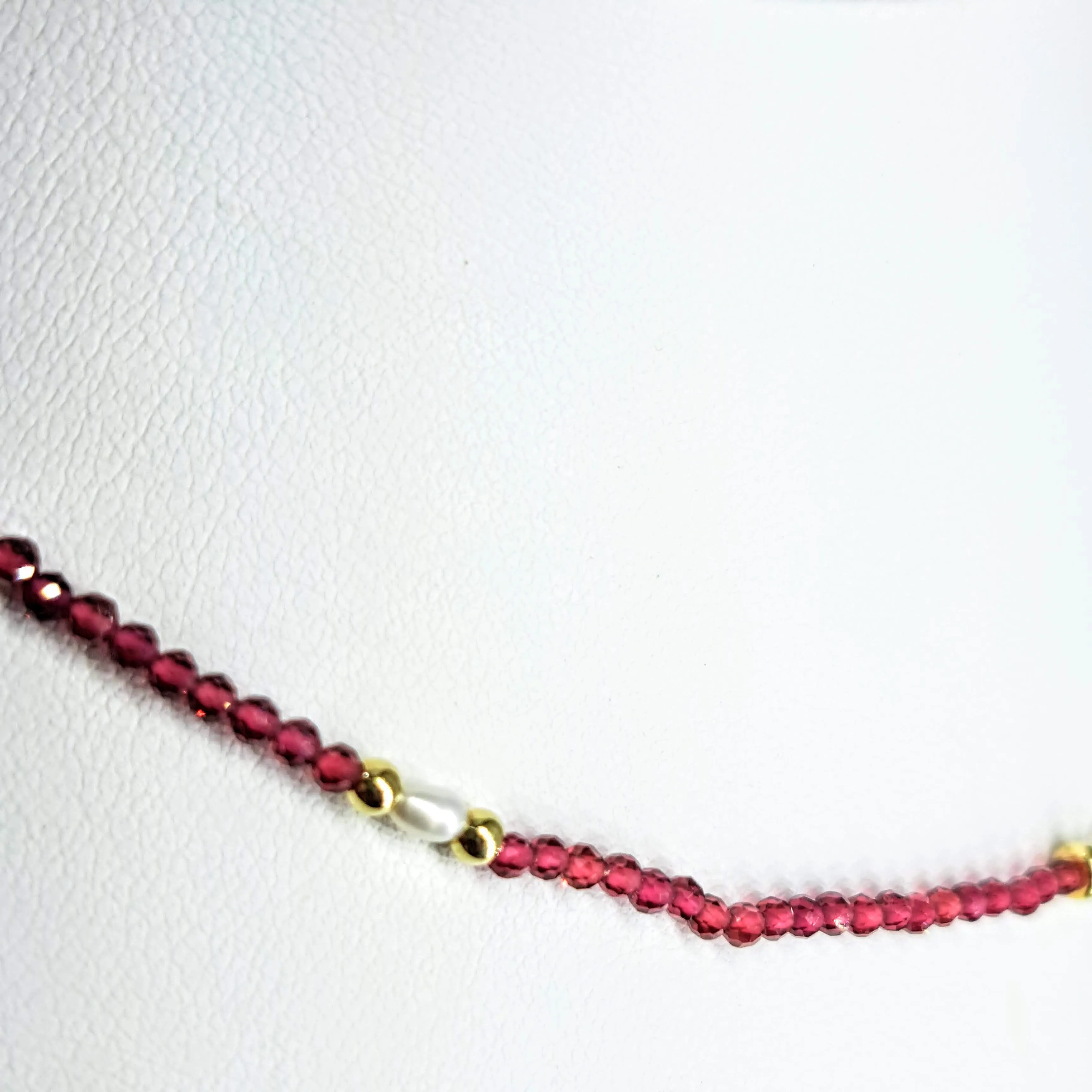 "Sweet Eye" -16"-18" Necklace - Rhodolite Garnet, Pearls, Lamp-worked Glass, 18k Gold Sterling