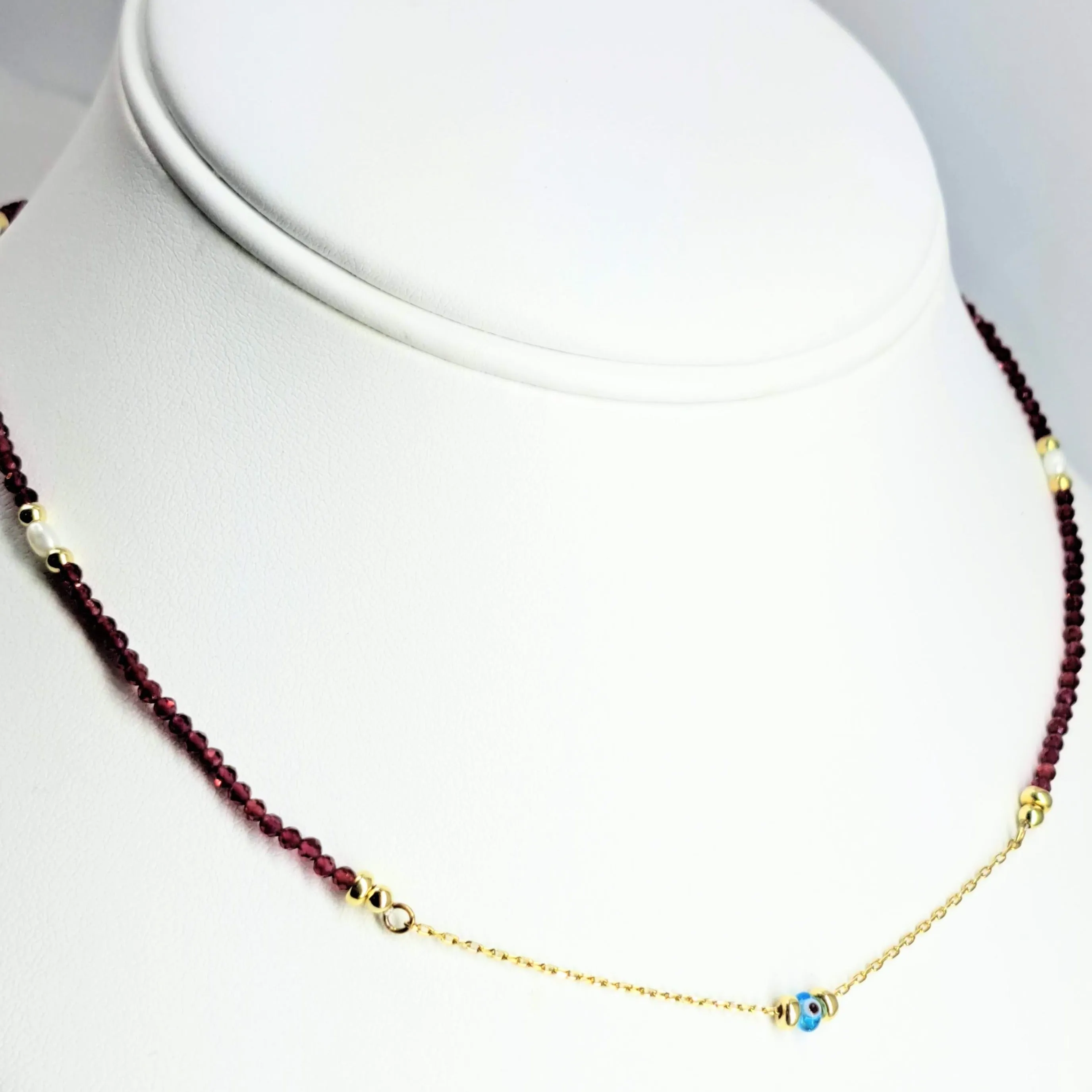 "Sweet Eye" -16"-18" Necklace - Rhodolite Garnet, Pearls, Lamp-worked Glass, 18k Gold Sterling