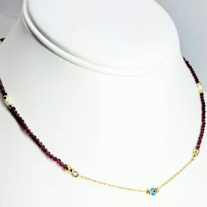 "Sweet Eye" -16"-18" Necklace - Rhodolite Garnet, Pearls, Lamp-worked Glass, 18k Gold Sterling