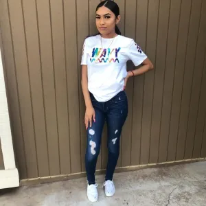Rainbow Sparkle Wavy | White Tee (Checkered Drippin Sleeves)
