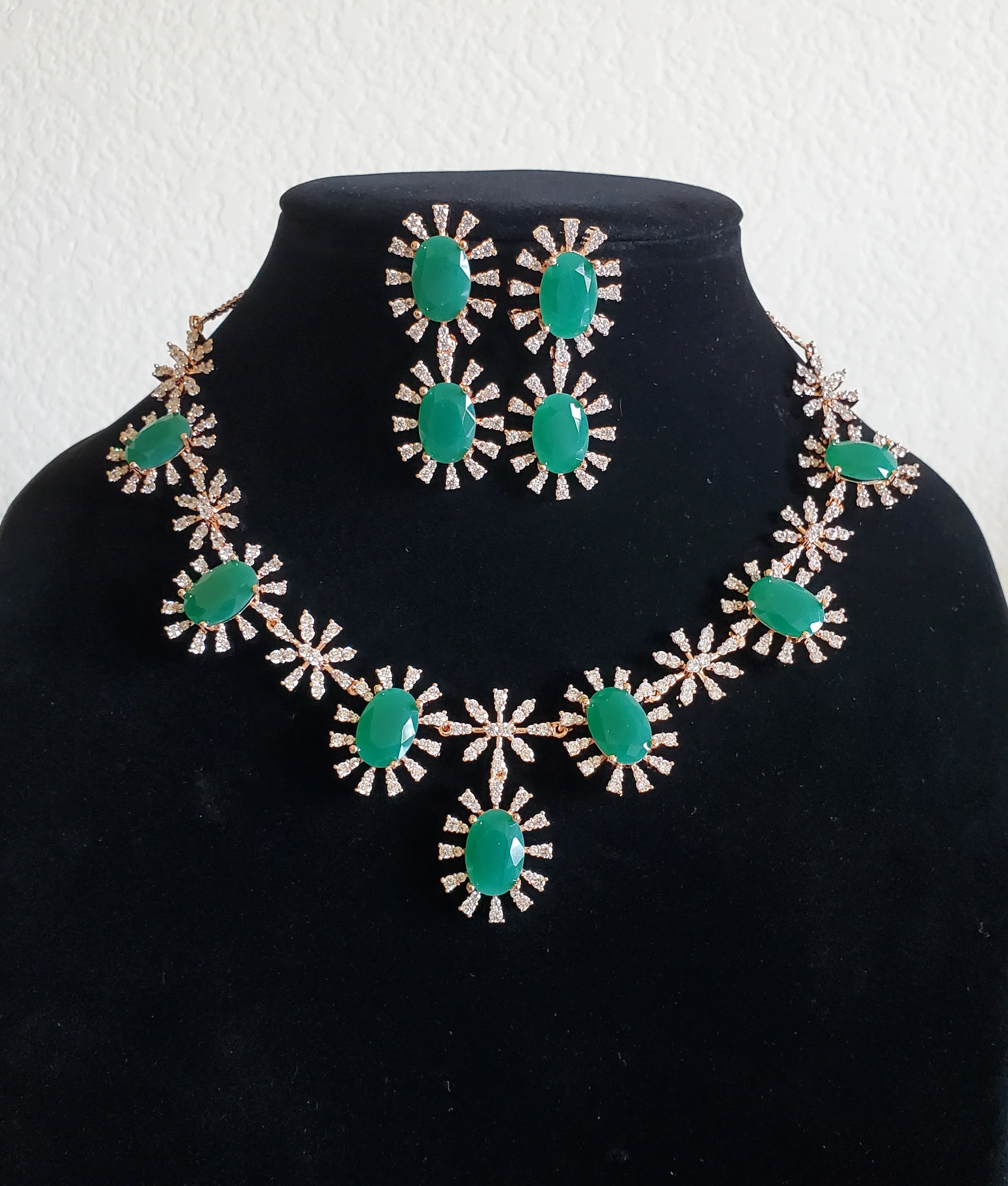 Ramya (Ruby) and Naga Sau Sri( Blue) American Diamond Necklace Set With Rose Gold Plating