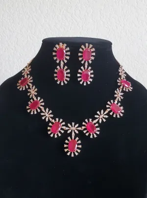 Ramya (Ruby) and Naga Sau Sri( Blue) American Diamond Necklace Set With Rose Gold Plating