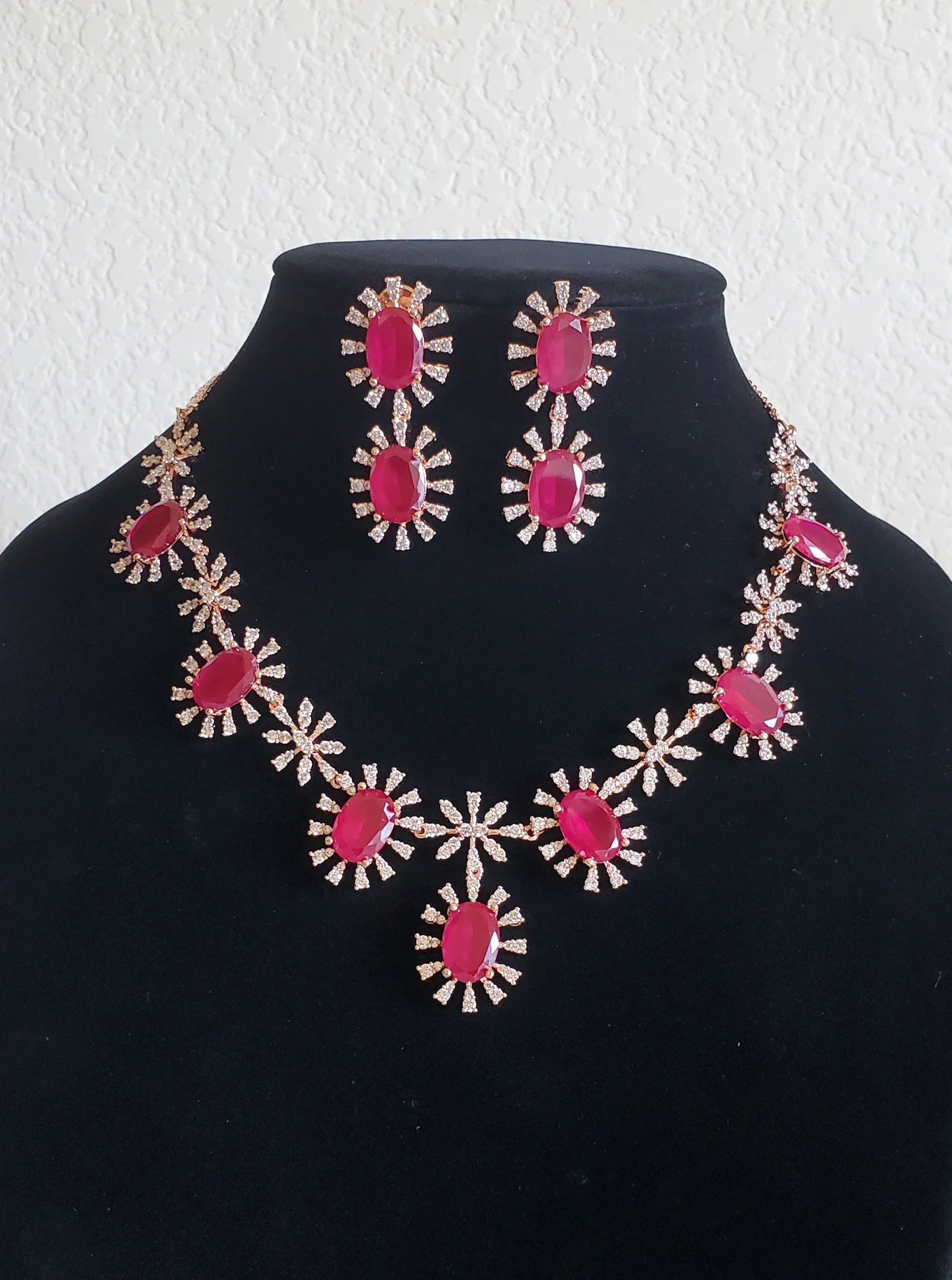 Ramya (Ruby) and Naga Sau Sri( Blue) American Diamond Necklace Set With Rose Gold Plating