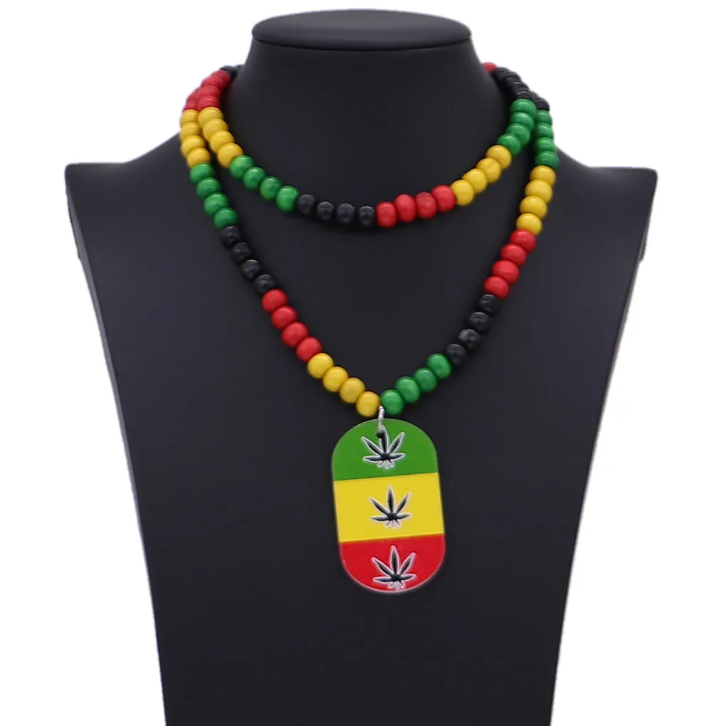 Rasta Marijuana Dog Tag Wooden Bead Necklace