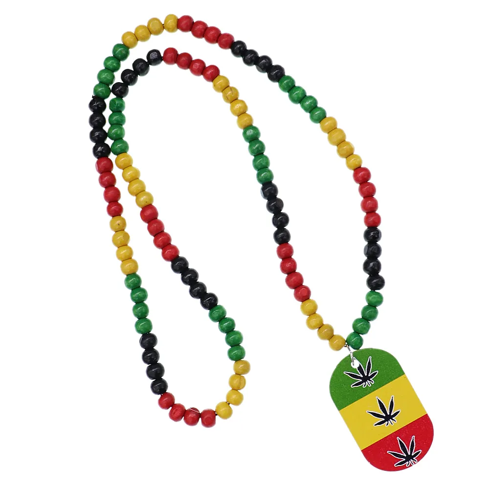 Rasta Marijuana Dog Tag Wooden Bead Necklace