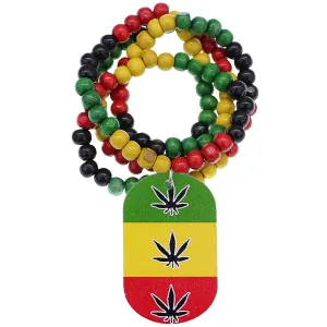 Rasta Marijuana Dog Tag Wooden Bead Necklace