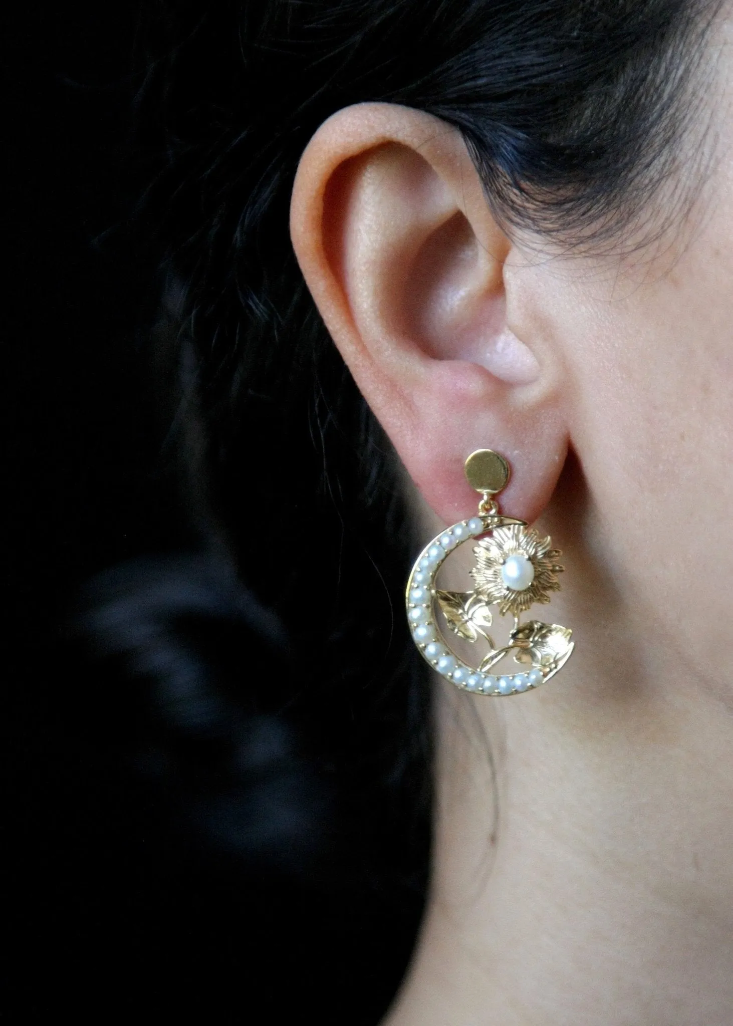 Ravishing, gold plated, seed pearl crescent and flower Victorian earrings