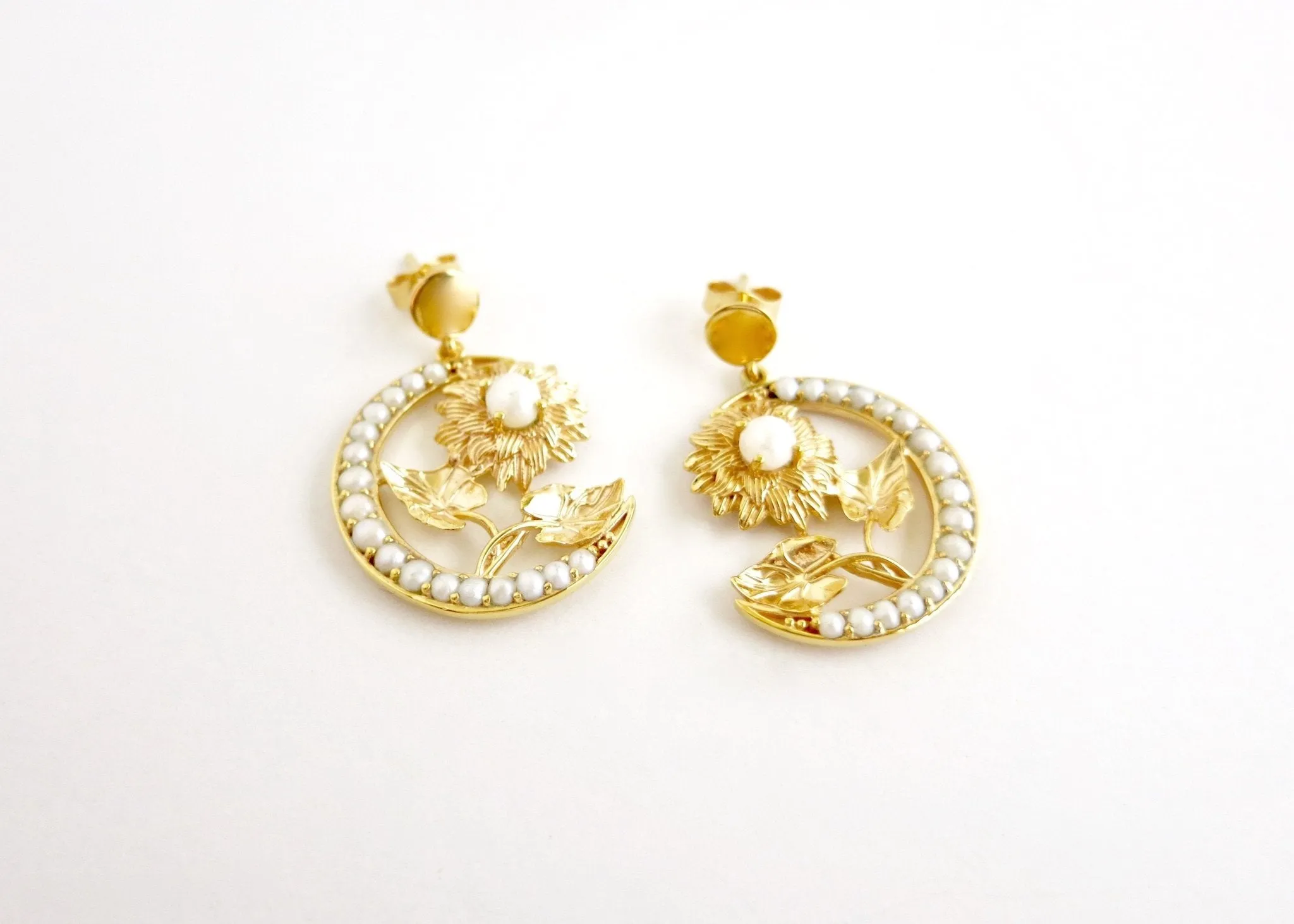 Ravishing, gold plated, seed pearl crescent and flower Victorian earrings