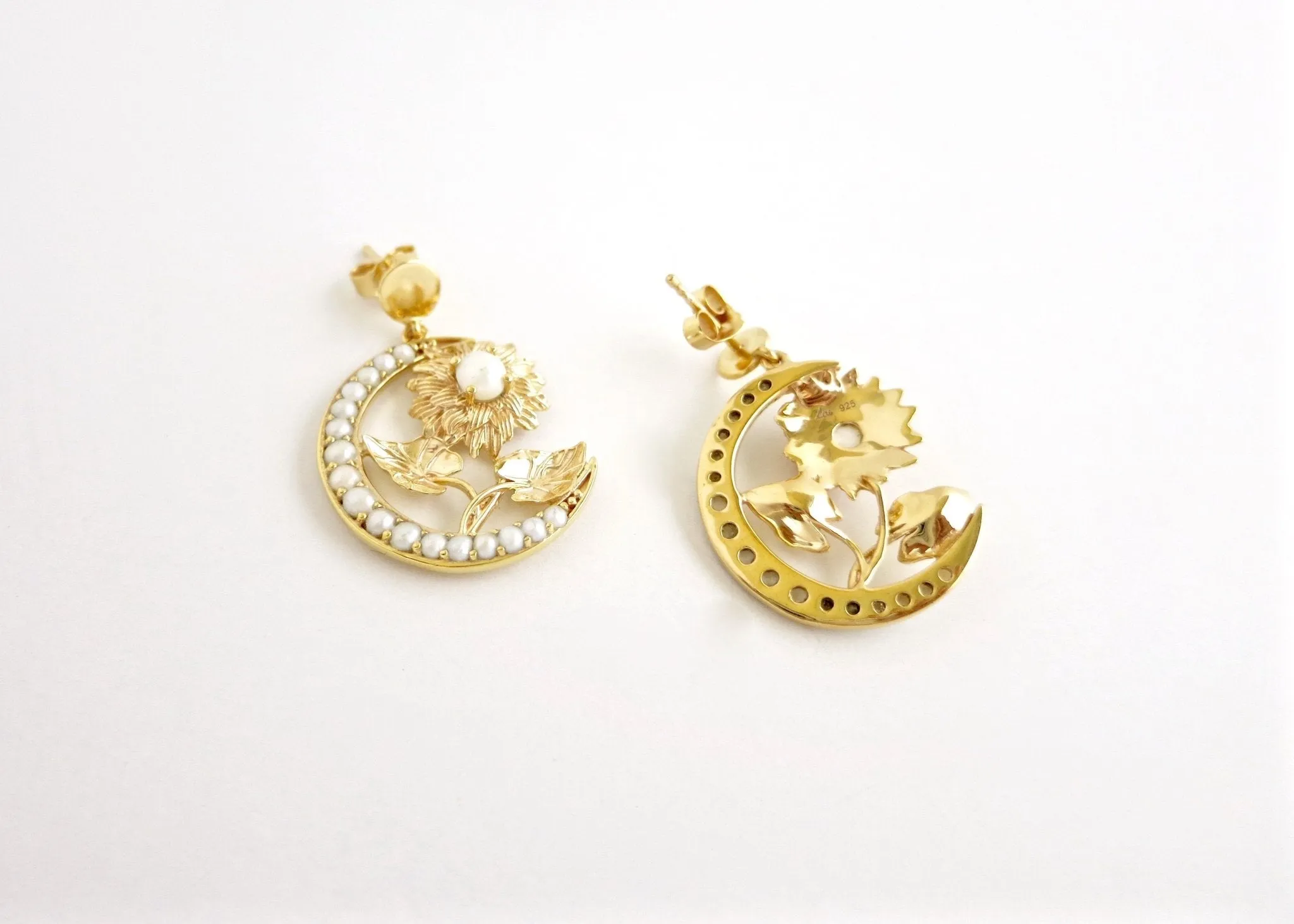 Ravishing, gold plated, seed pearl crescent and flower Victorian earrings