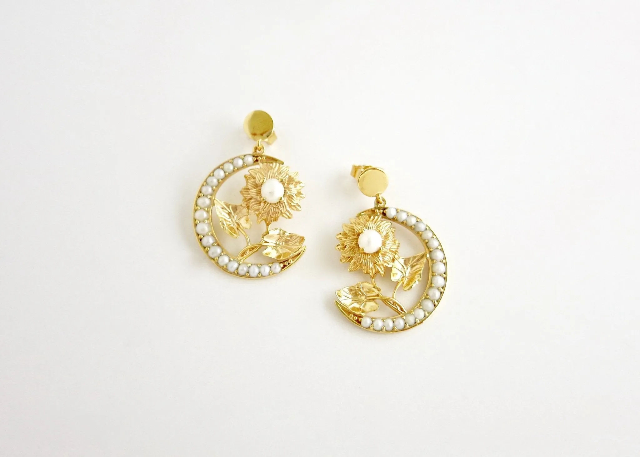 Ravishing, gold plated, seed pearl crescent and flower Victorian earrings