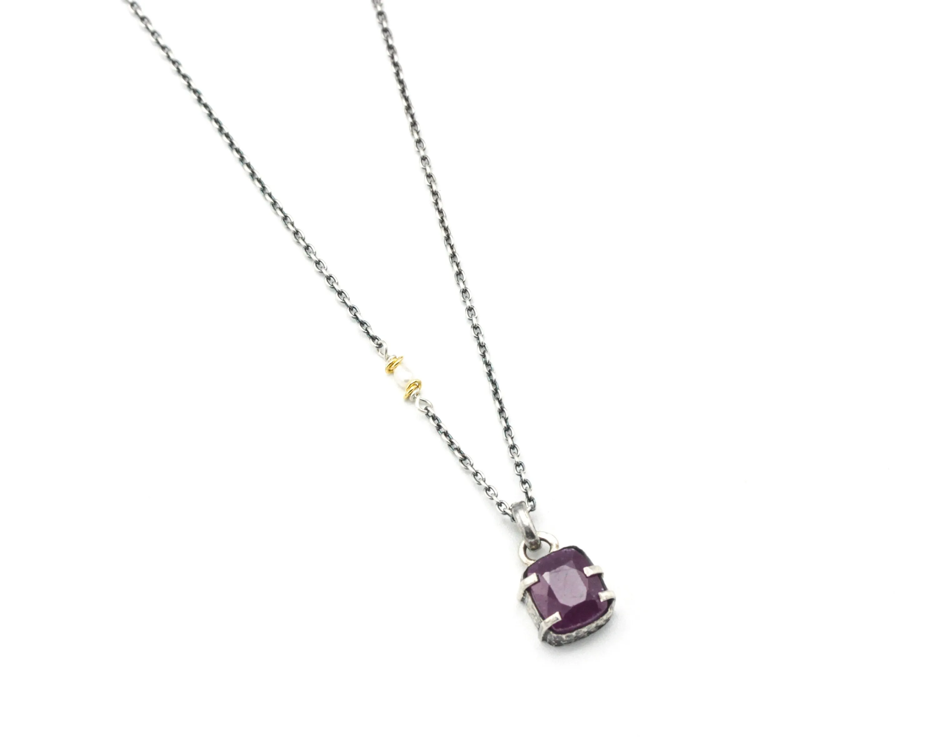 Rectangle Pink sapphire pendant necklace in silver bezel and prongs setting with sterling silver chain