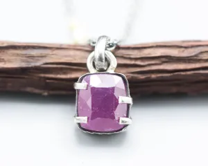 Rectangle Pink sapphire pendant necklace in silver bezel and prongs setting with sterling silver chain