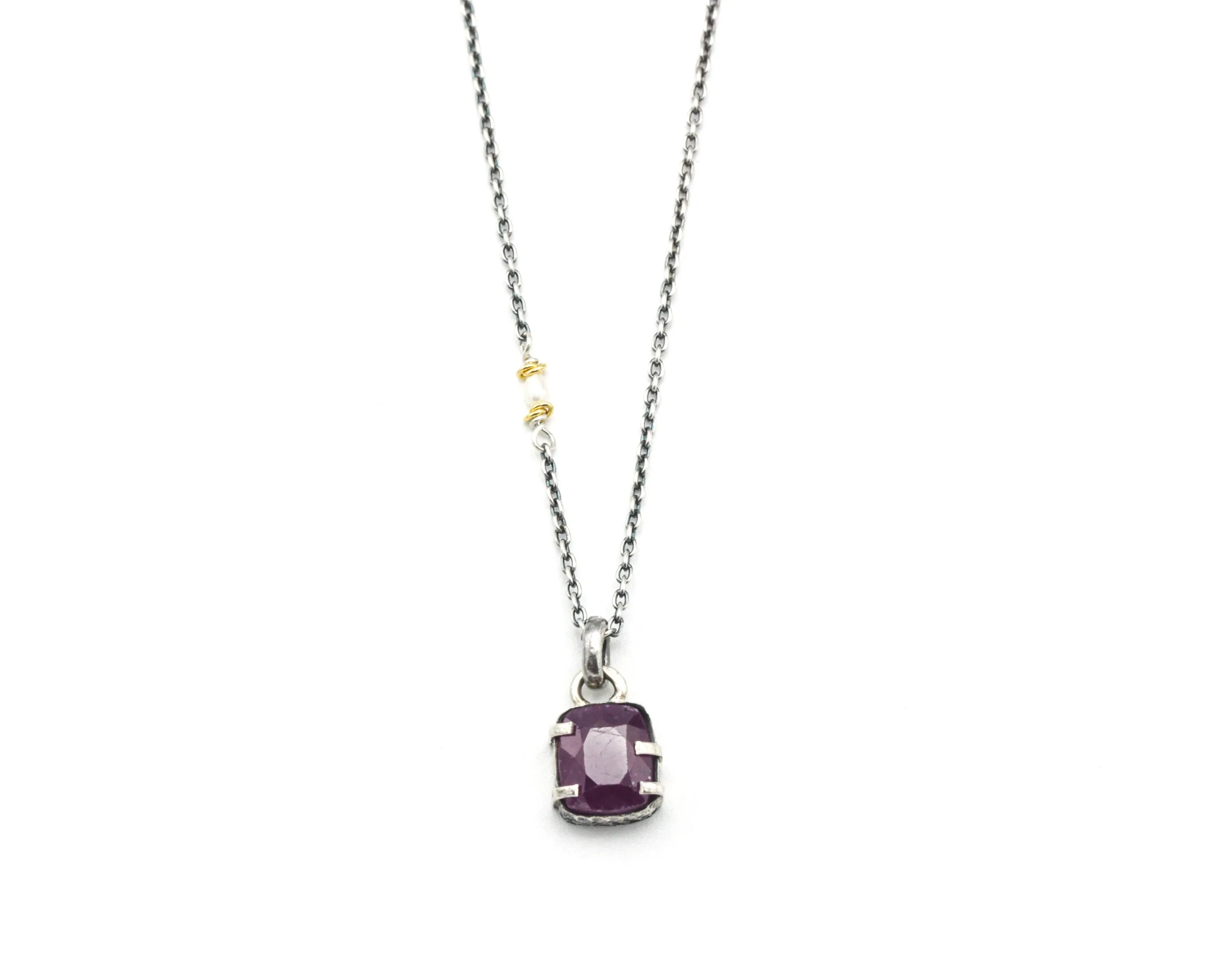 Rectangle Pink sapphire pendant necklace in silver bezel and prongs setting with sterling silver chain