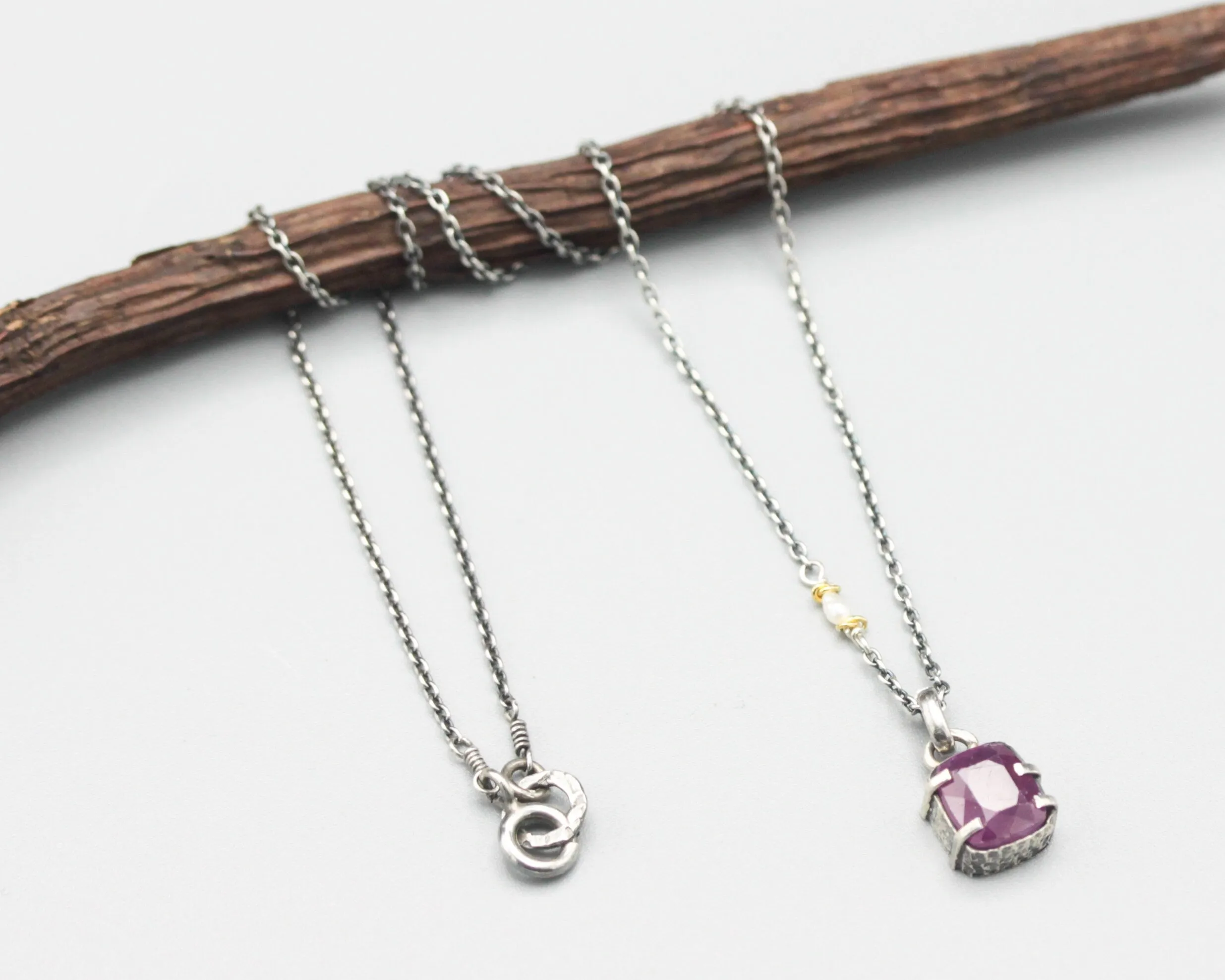 Rectangle Pink sapphire pendant necklace in silver bezel and prongs setting with sterling silver chain
