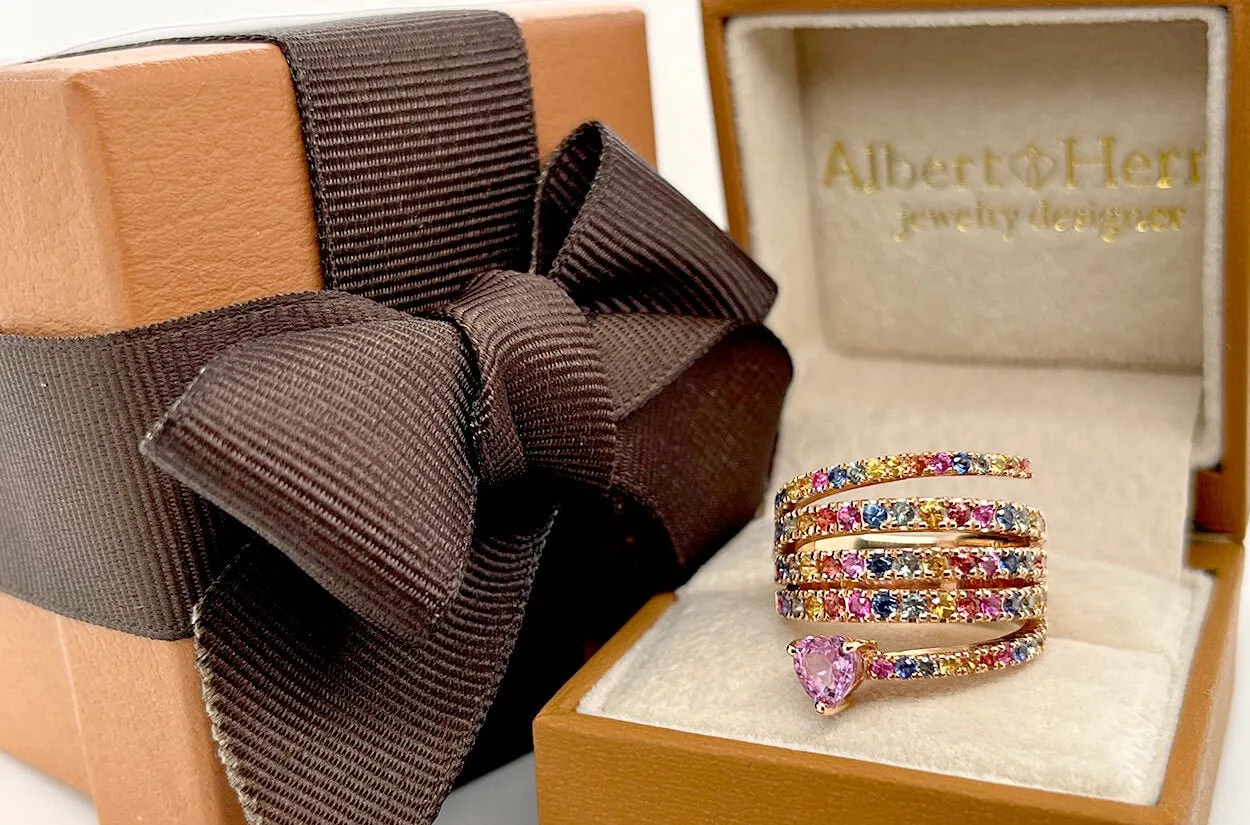 Ring 18kt Gold Spiral Rainbow Multicolor Sapphires & Heart