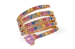 Ring 18kt Gold Spiral Rainbow Multicolor Sapphires & Heart