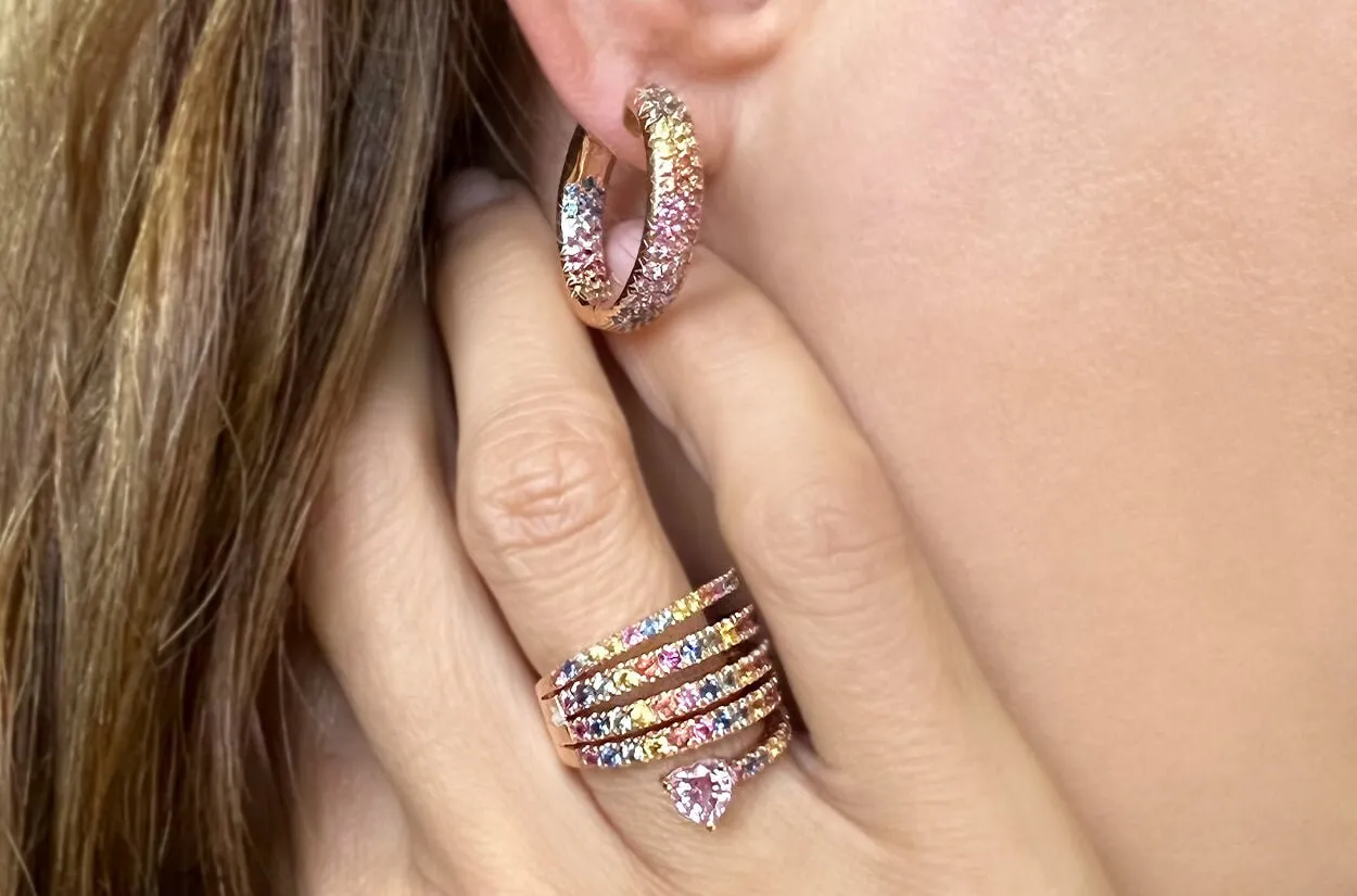 Ring 18kt Gold Spiral Rainbow Multicolor Sapphires & Heart