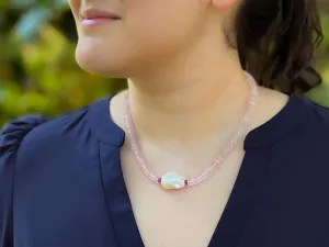 Rose Quartz Necklace wtih Baroque Pearl Accent, Gemstone Necklace, Boho Style, Summer Jewelry, Gift for Her, Handmade, Ruby, Heishi Cut