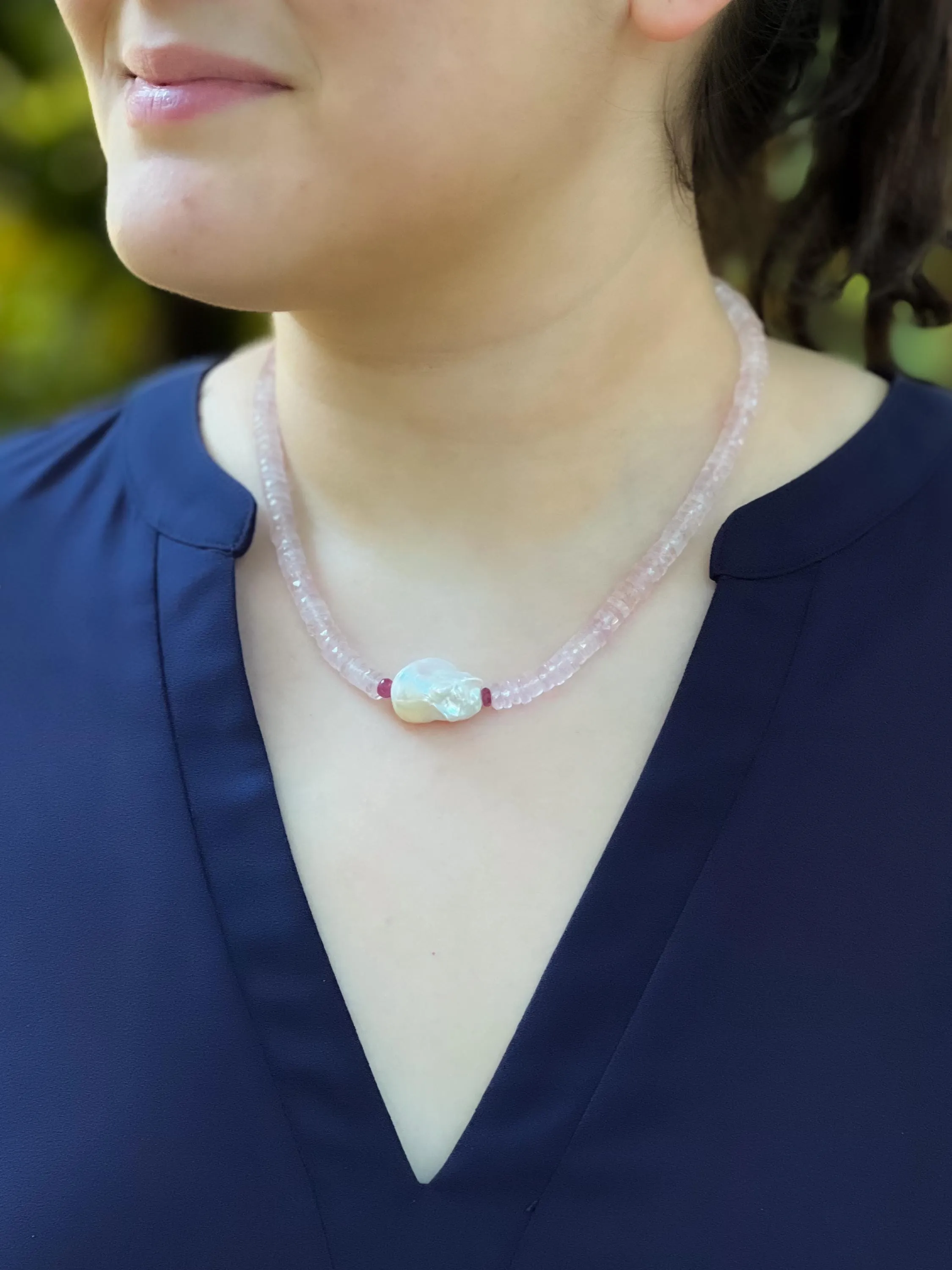 Rose Quartz Necklace wtih Baroque Pearl Accent, Gemstone Necklace, Boho Style, Summer Jewelry, Gift for Her, Handmade, Ruby, Heishi Cut