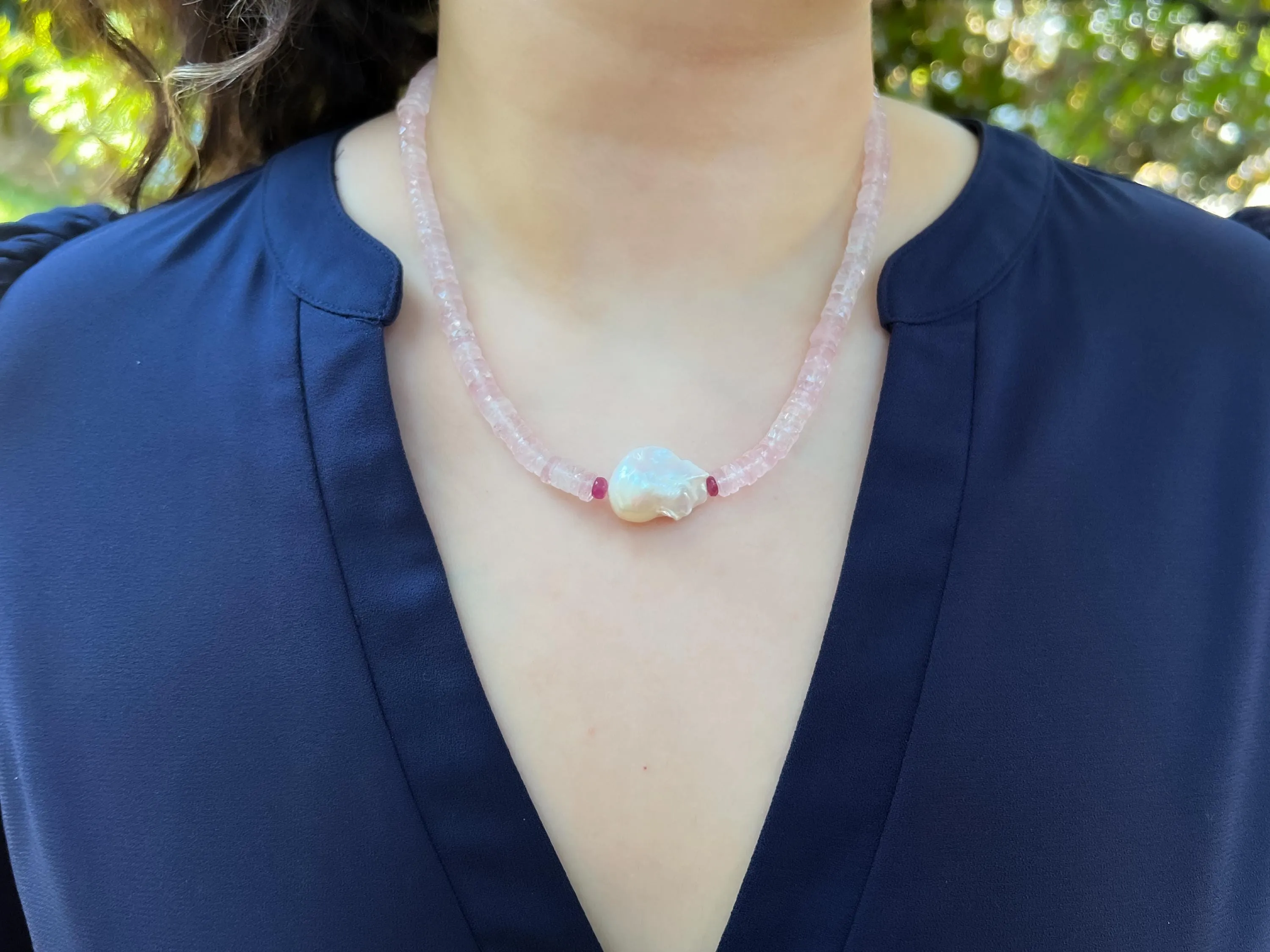 Rose Quartz Necklace wtih Baroque Pearl Accent, Gemstone Necklace, Boho Style, Summer Jewelry, Gift for Her, Handmade, Ruby, Heishi Cut
