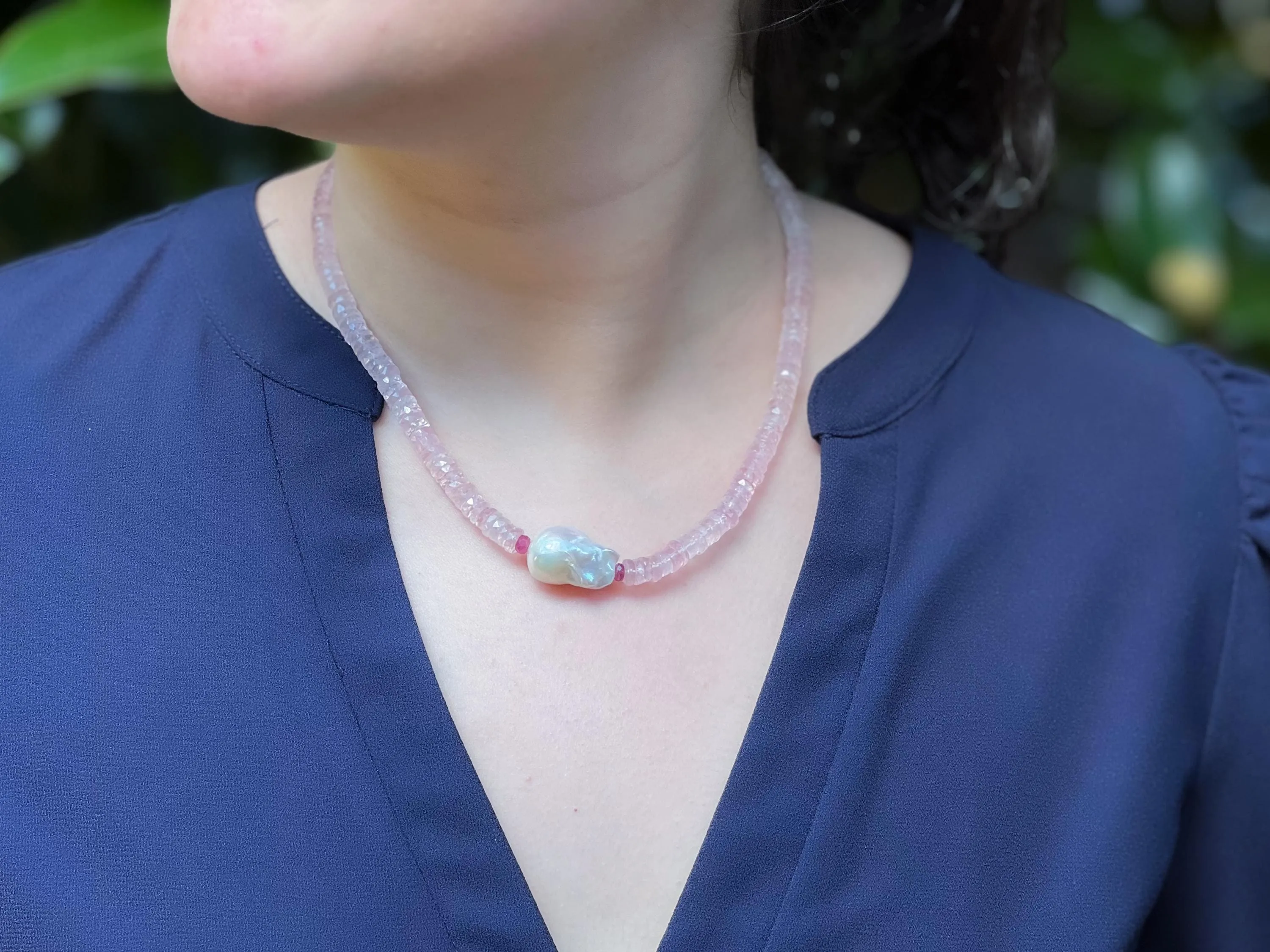 Rose Quartz Necklace wtih Baroque Pearl Accent, Gemstone Necklace, Boho Style, Summer Jewelry, Gift for Her, Handmade, Ruby, Heishi Cut