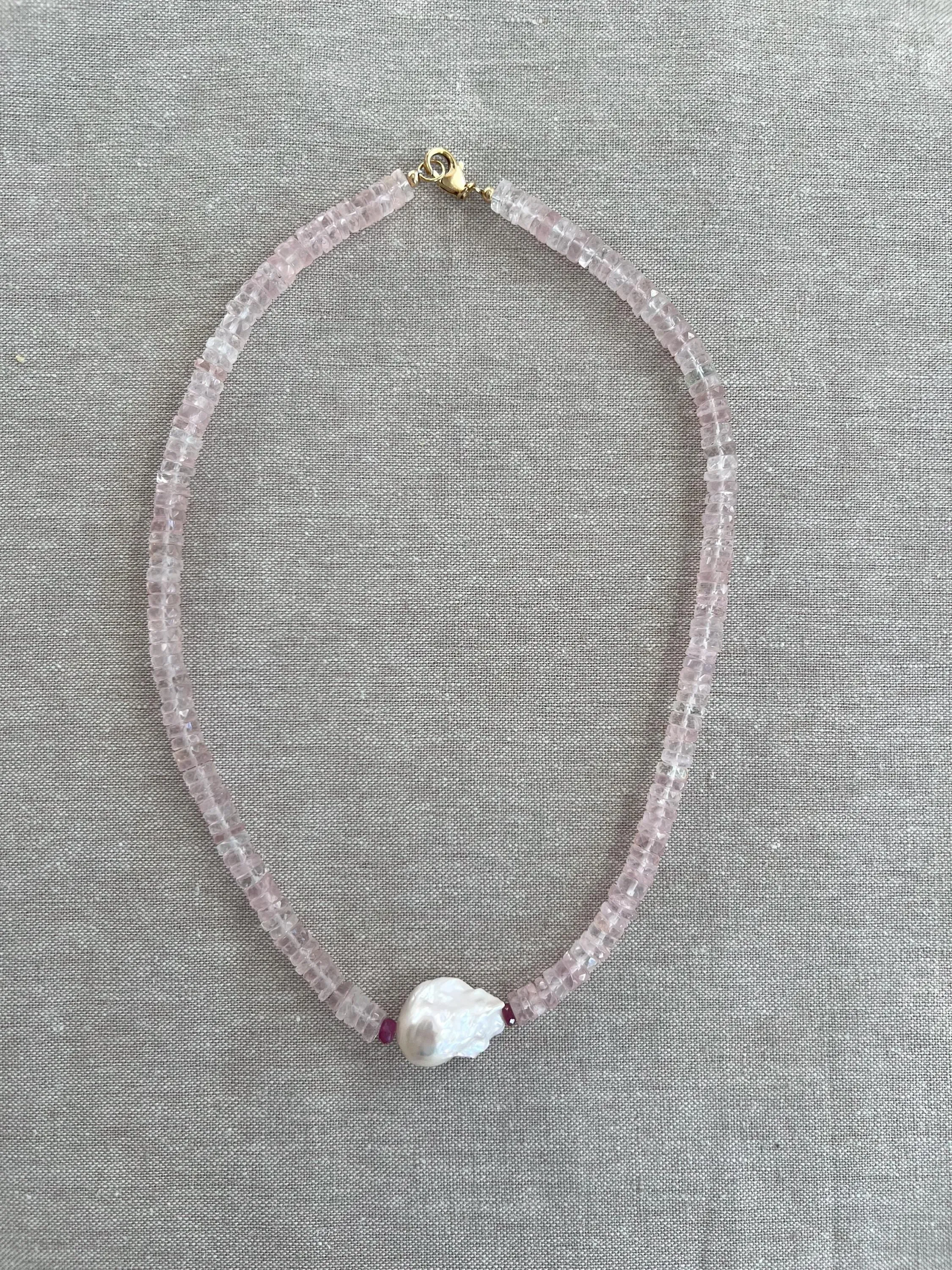 Rose Quartz Necklace wtih Baroque Pearl Accent, Gemstone Necklace, Boho Style, Summer Jewelry, Gift for Her, Handmade, Ruby, Heishi Cut