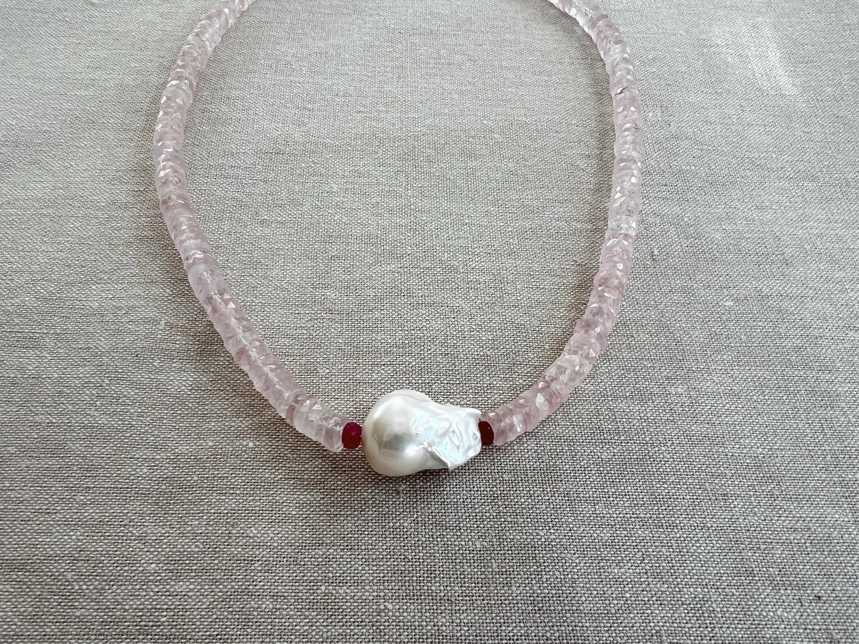 Rose Quartz Necklace wtih Baroque Pearl Accent, Gemstone Necklace, Boho Style, Summer Jewelry, Gift for Her, Handmade, Ruby, Heishi Cut