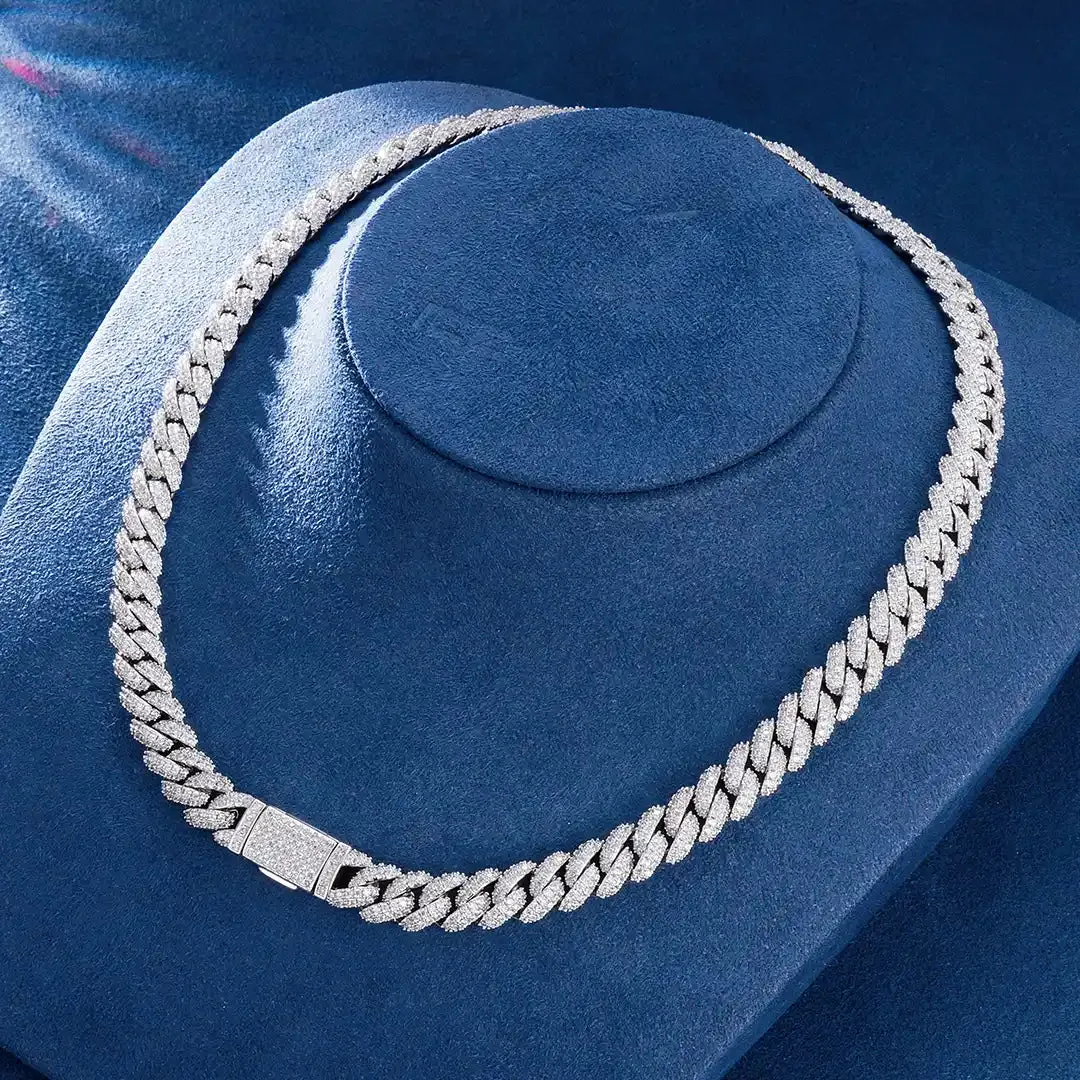 S925 Moissanite Diamond Cuban Link Chain in White Gold - 10mm