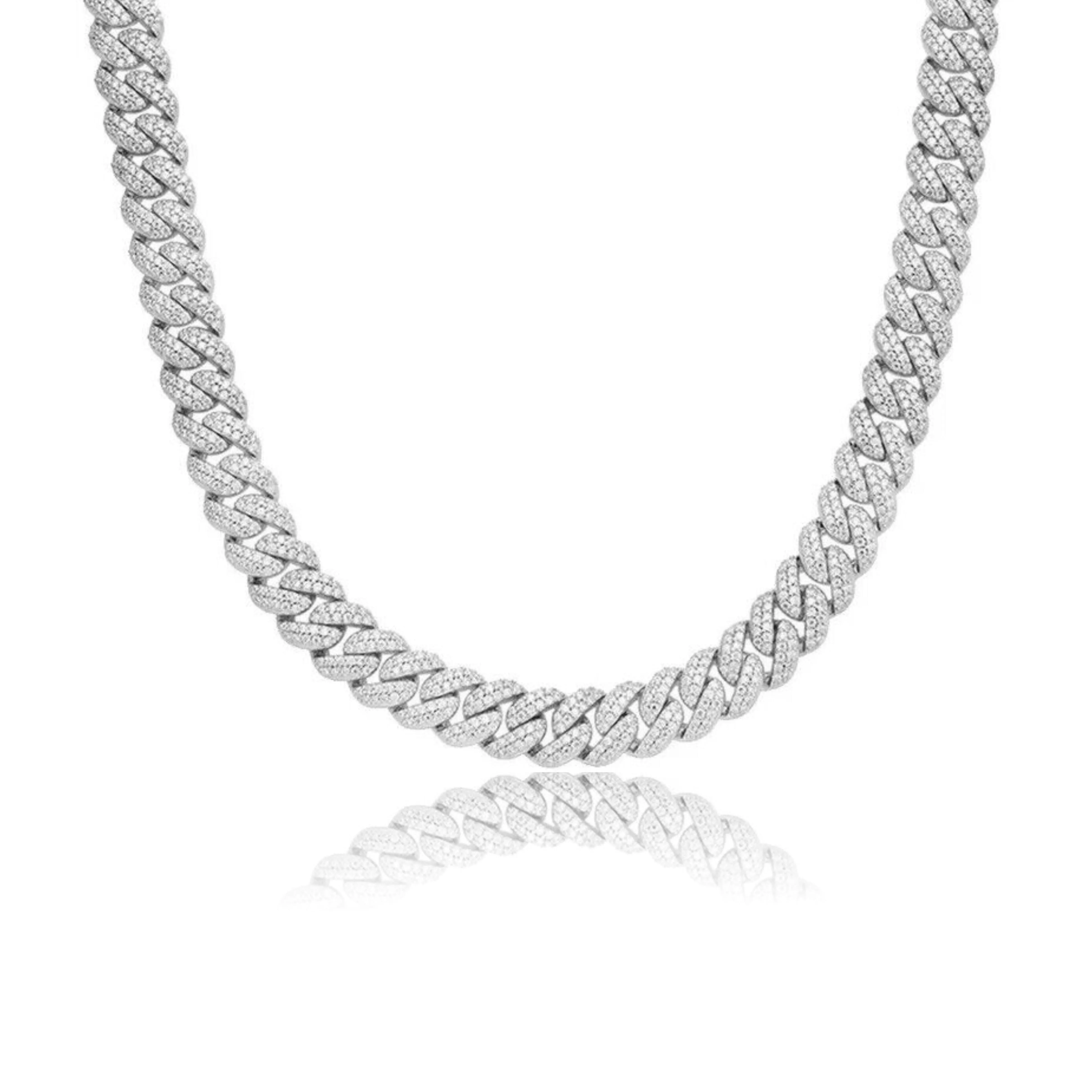 S925 Moissanite Diamond Cuban Link Chain in White Gold - 10mm