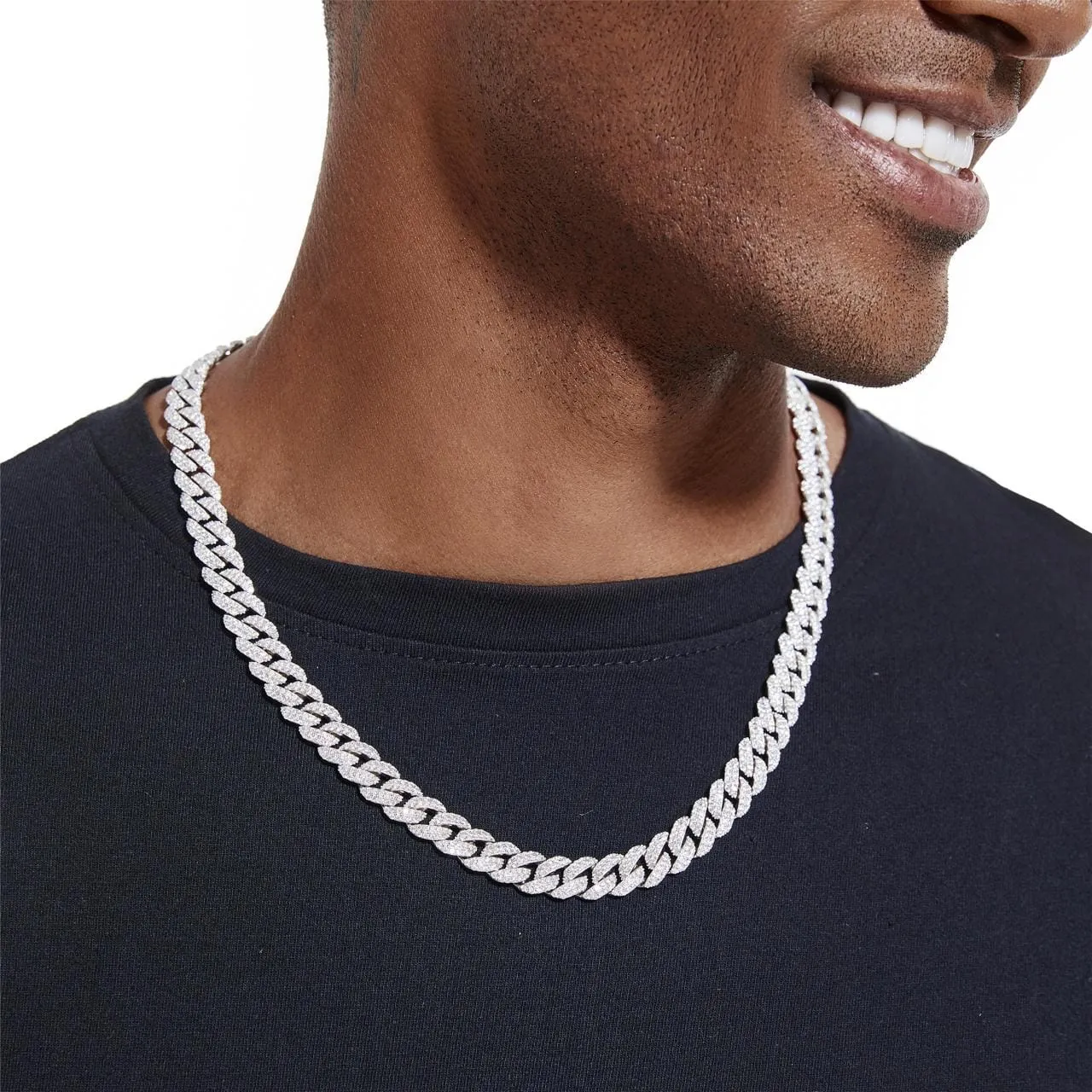 S925 Moissanite Diamond Cuban Link Chain in White Gold - 10mm
