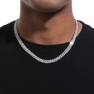 S925 Moissanite Diamond Cuban Link Prong Chain in White Gold - 8mm
