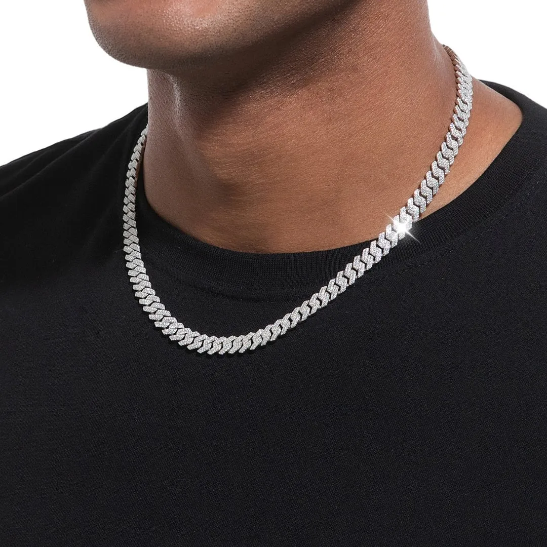 S925 Moissanite Diamond Cuban Link Prong Chain in White Gold - 8mm
