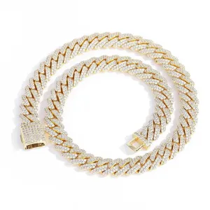 S925 Moissanite Diamond Prong Cuban Link Chain in 14K Gold - 12mm