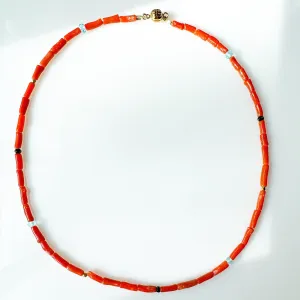 Sardinian Coral, Black Diamond, Gold Beads and Blue Topaz Necklace