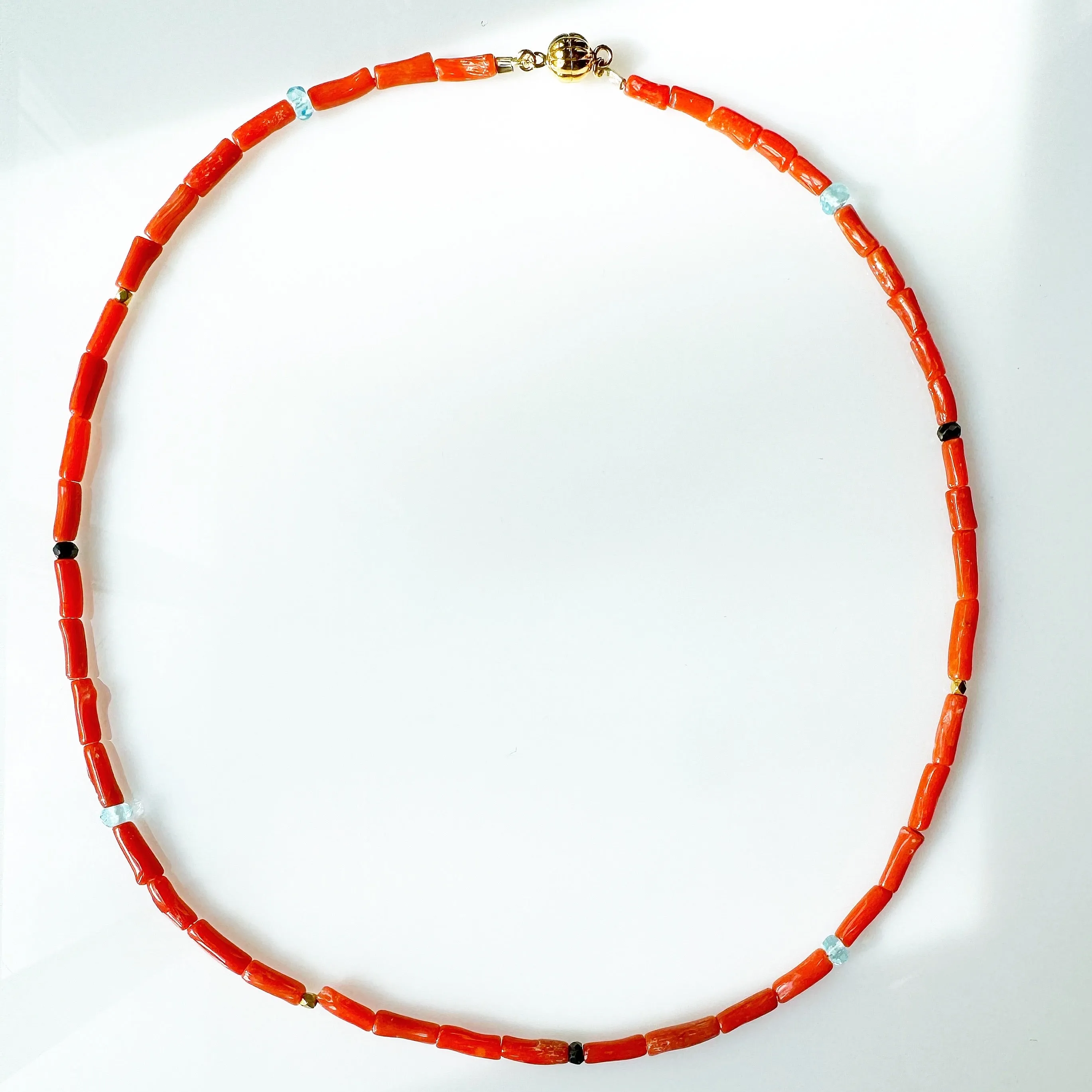 Sardinian Coral, Black Diamond, Gold Beads and Blue Topaz Necklace