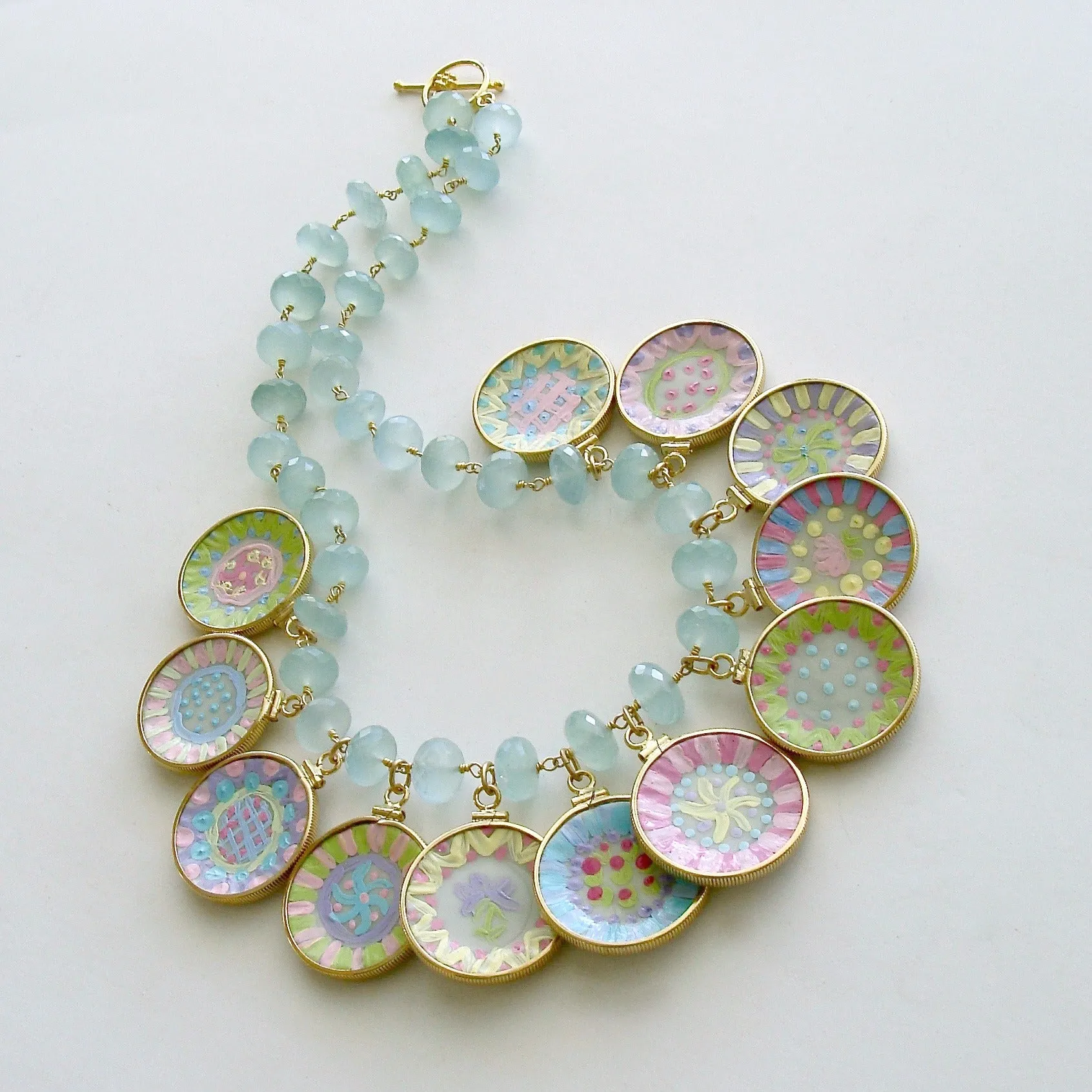 Seafoam Chalcedony Miniature Plates Charm Necklace - China Doll Whimsical Cottage Necklace