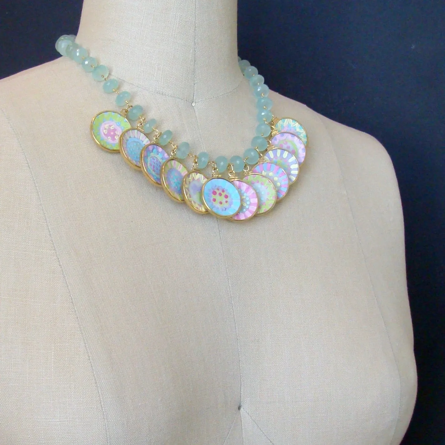 Seafoam Chalcedony Miniature Plates Charm Necklace - China Doll Whimsical Cottage Necklace