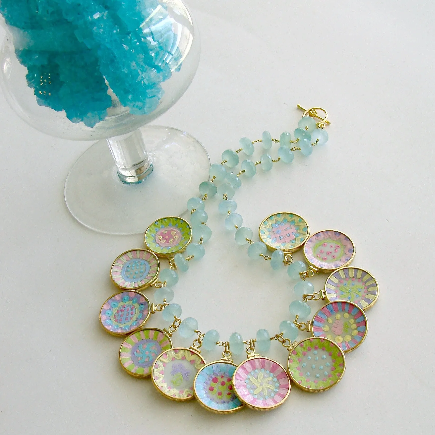 Seafoam Chalcedony Miniature Plates Charm Necklace - China Doll Whimsical Cottage Necklace