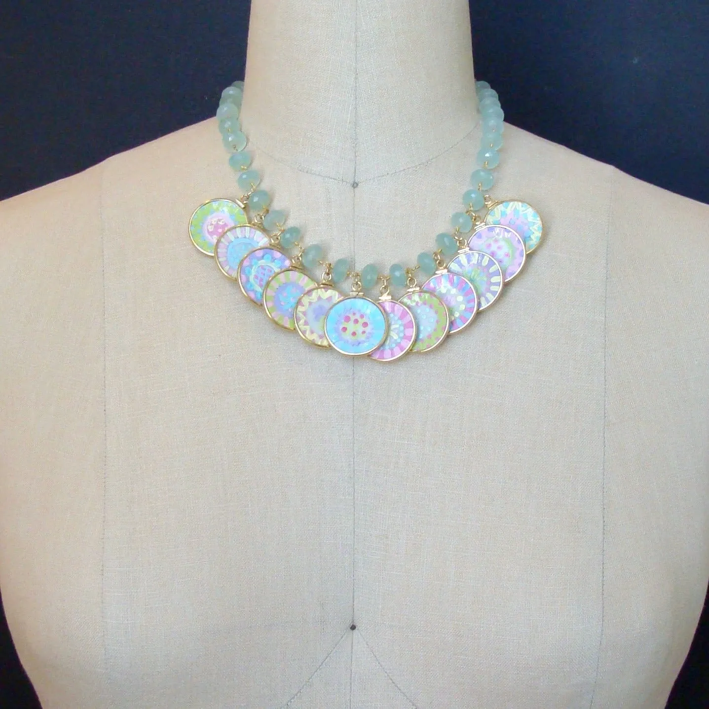 Seafoam Chalcedony Miniature Plates Charm Necklace - China Doll Whimsical Cottage Necklace