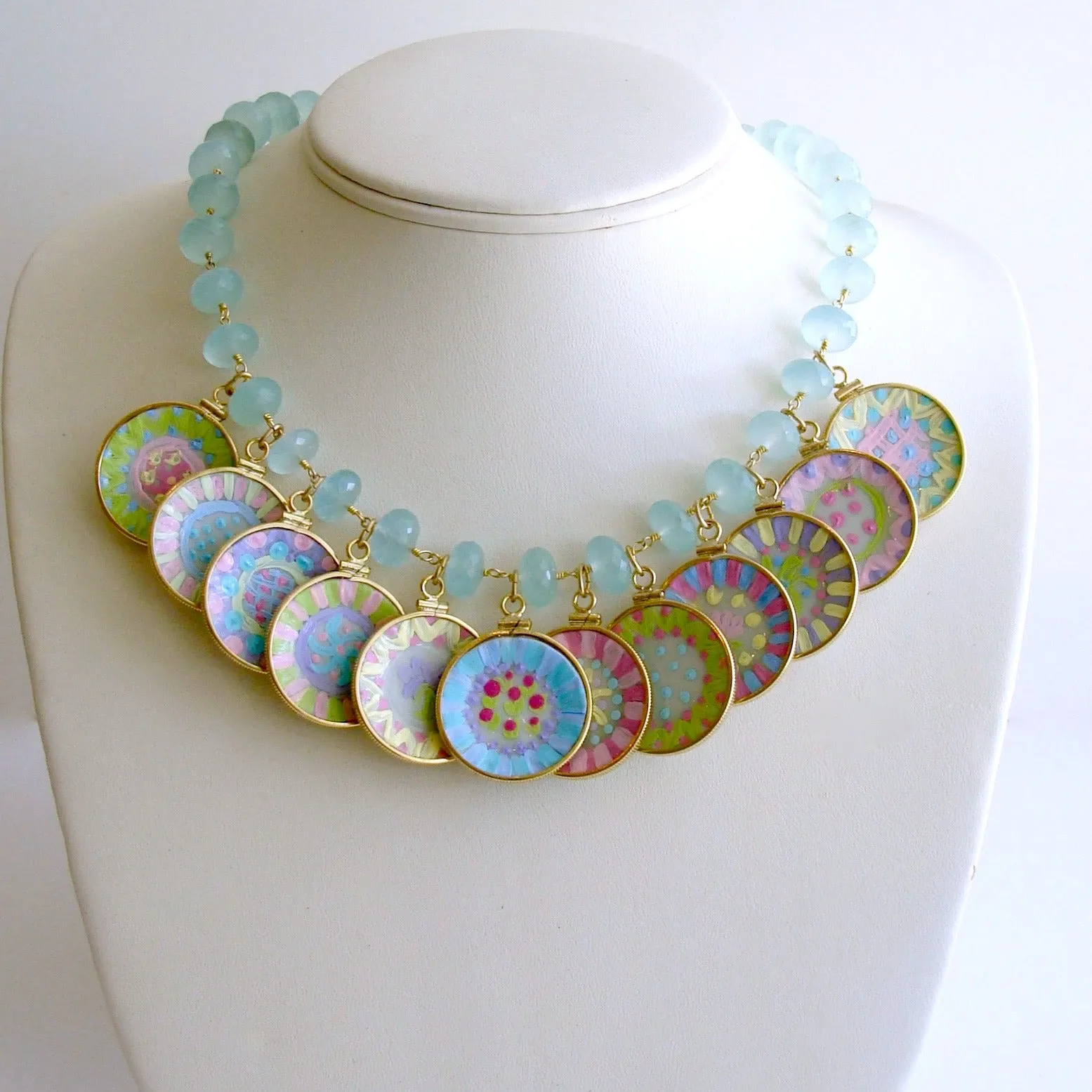 Seafoam Chalcedony Miniature Plates Charm Necklace - China Doll Whimsical Cottage Necklace