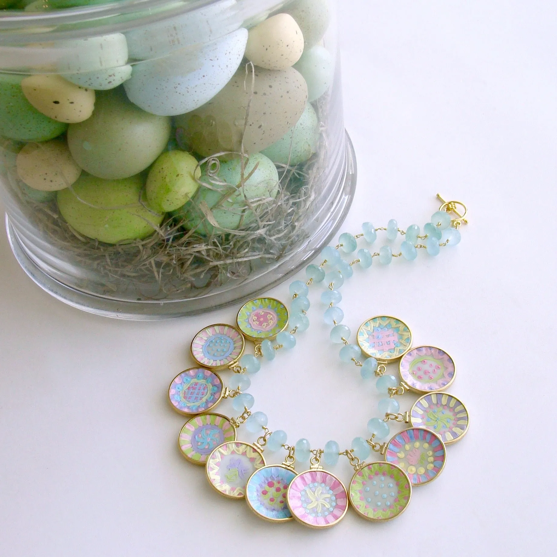 Seafoam Chalcedony Miniature Plates Charm Necklace - China Doll Whimsical Cottage Necklace
