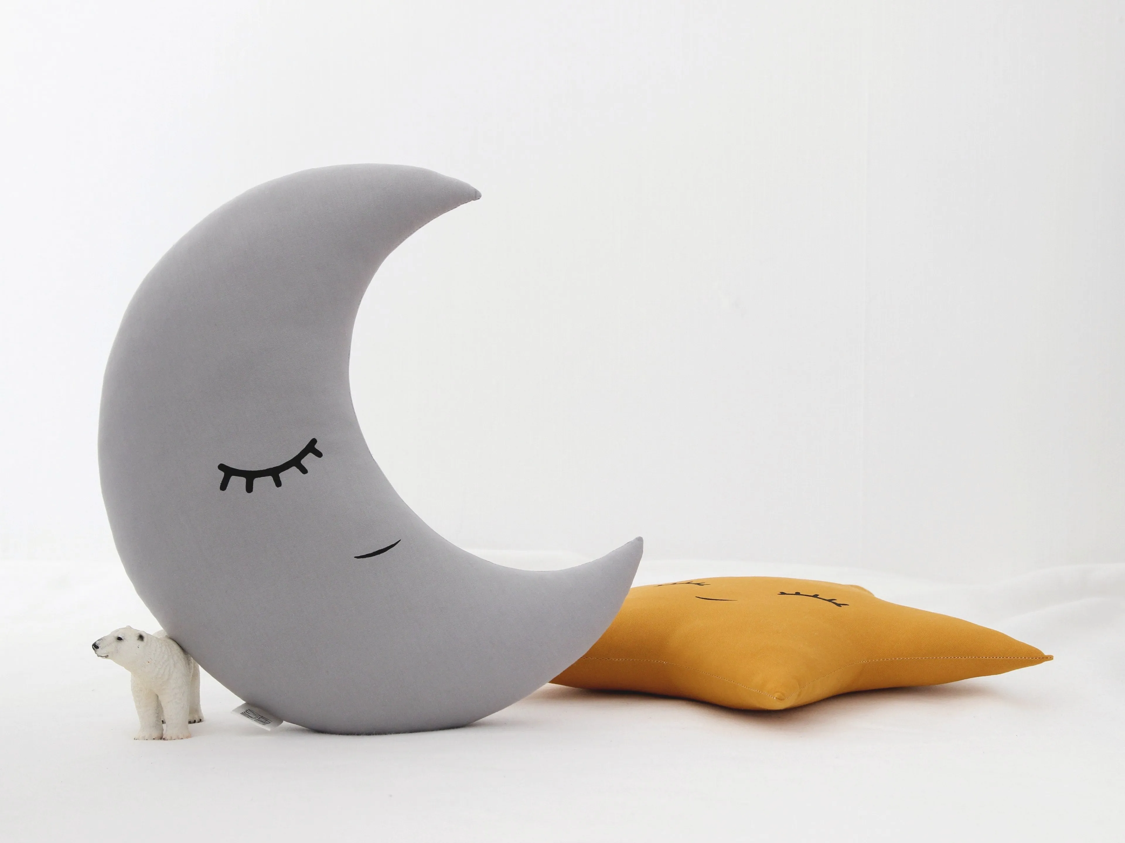 Set of 2 Pillows - Gray Crescent Moon Pillow and Mustard Star Pillow