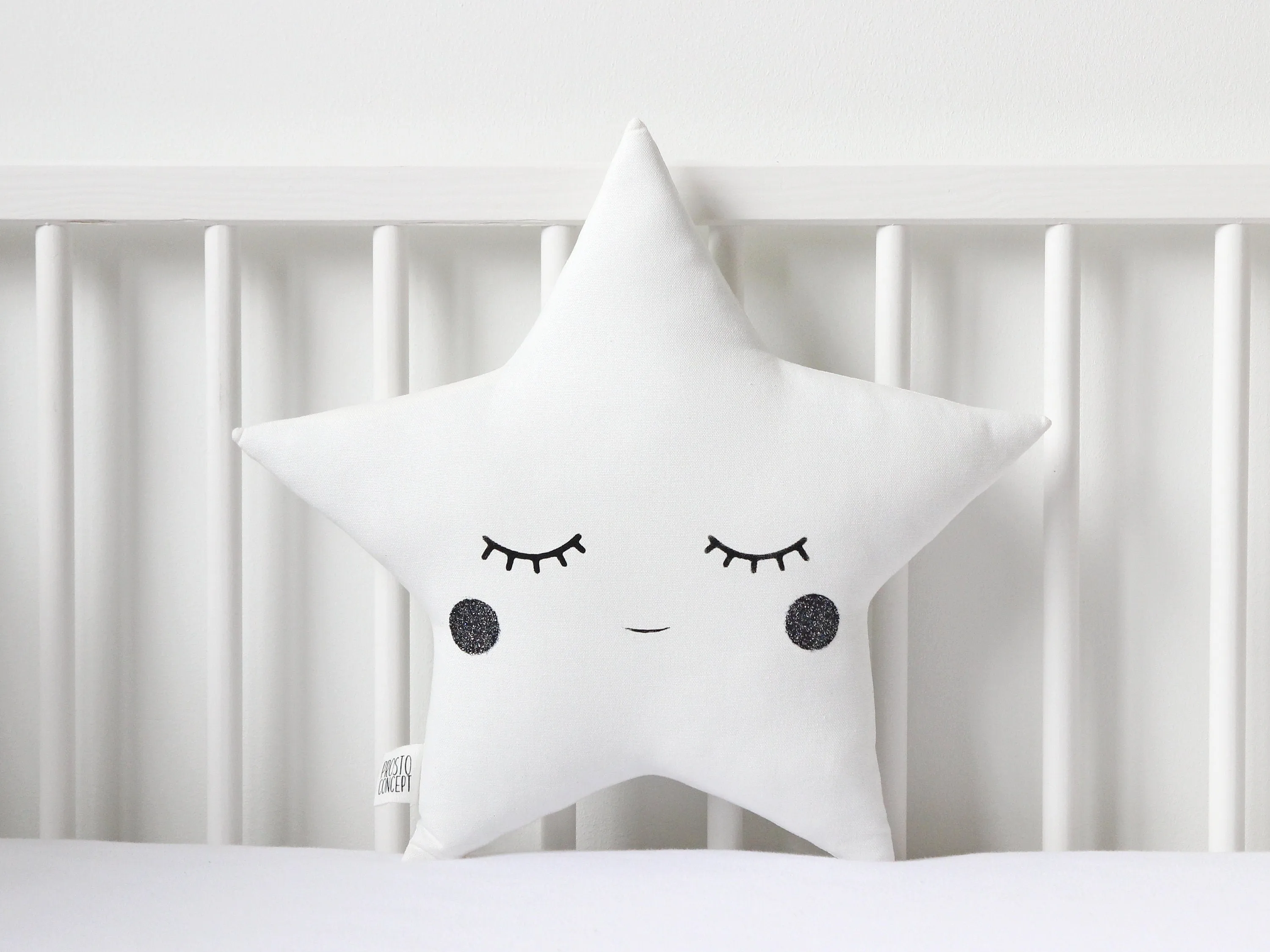 Set of 2 White Pillows - Crescent Moon and Star Pillows with Black Glitter Touch